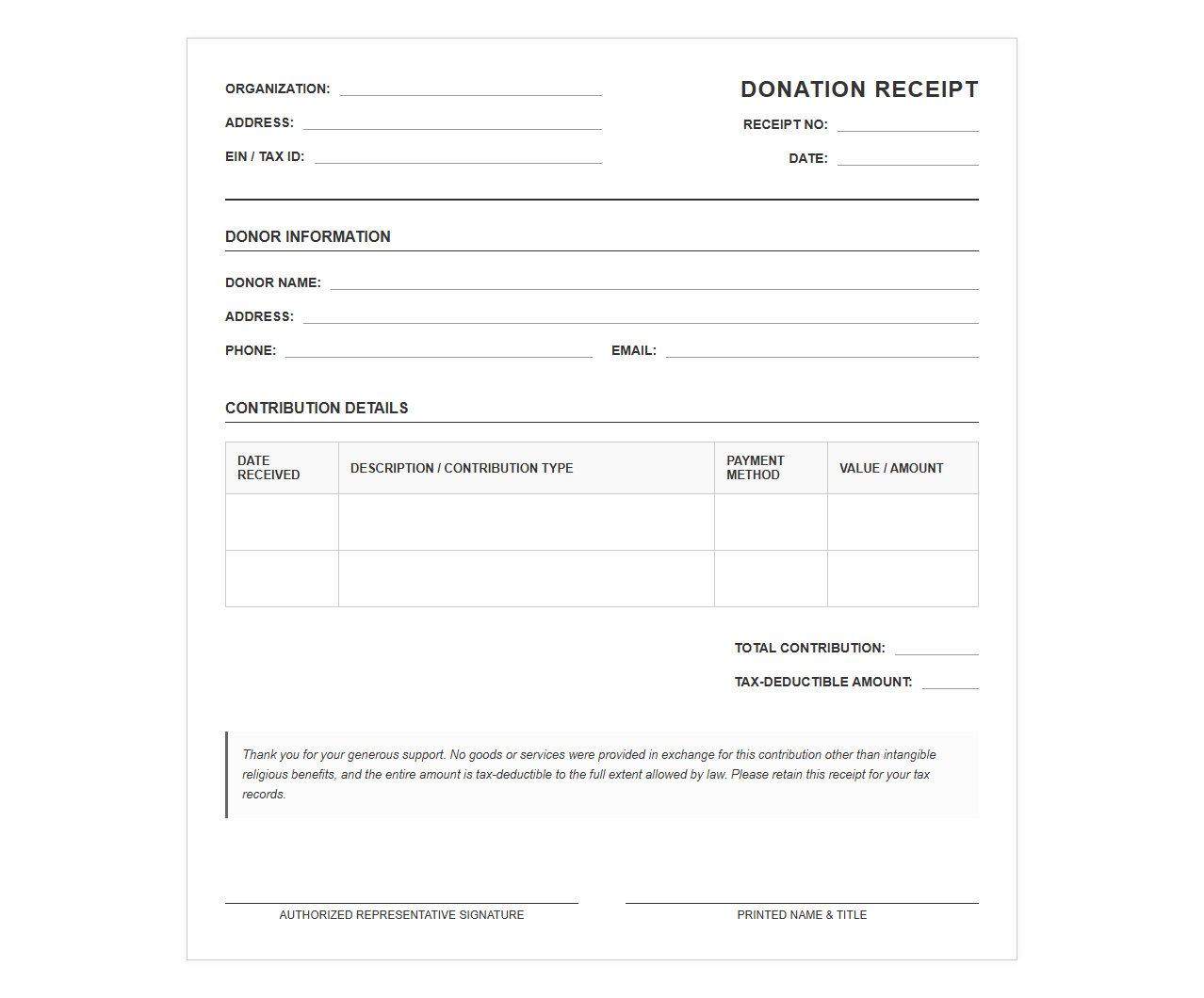 Charitable Contribution Receipt for Single Donors