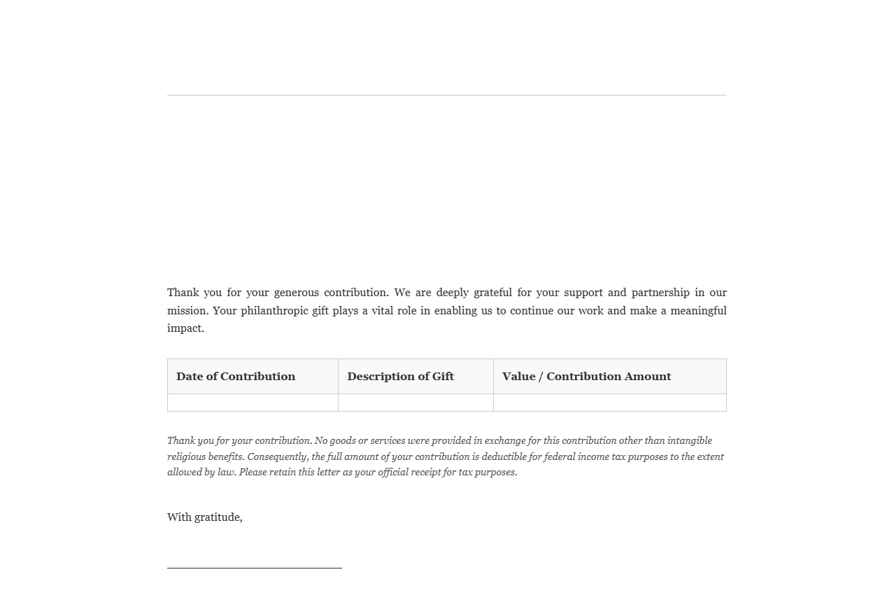 Charitable Gift Acknowledgement Letter Template