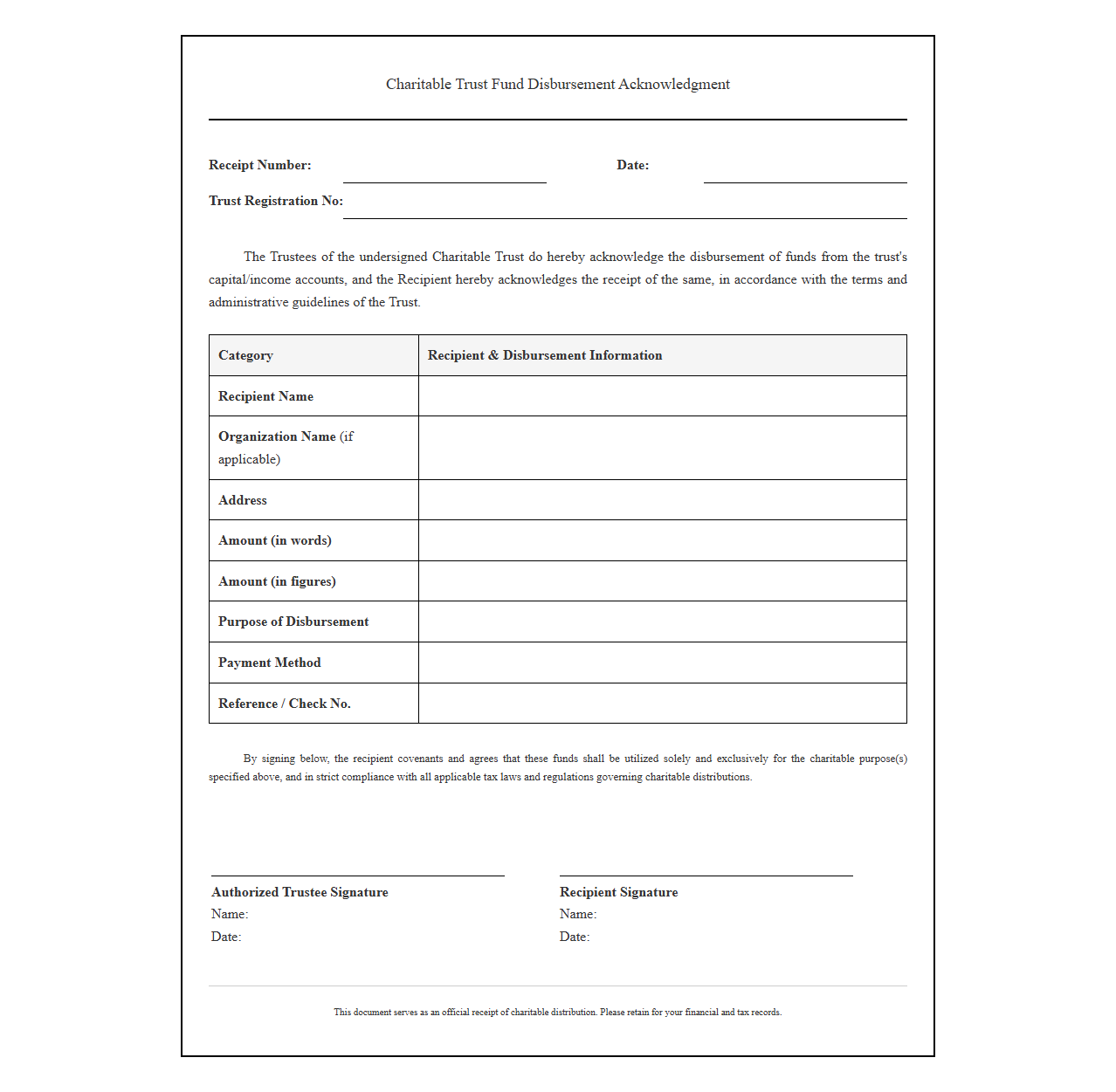 Charitable Trust Fund Disbursement Acknowledgment