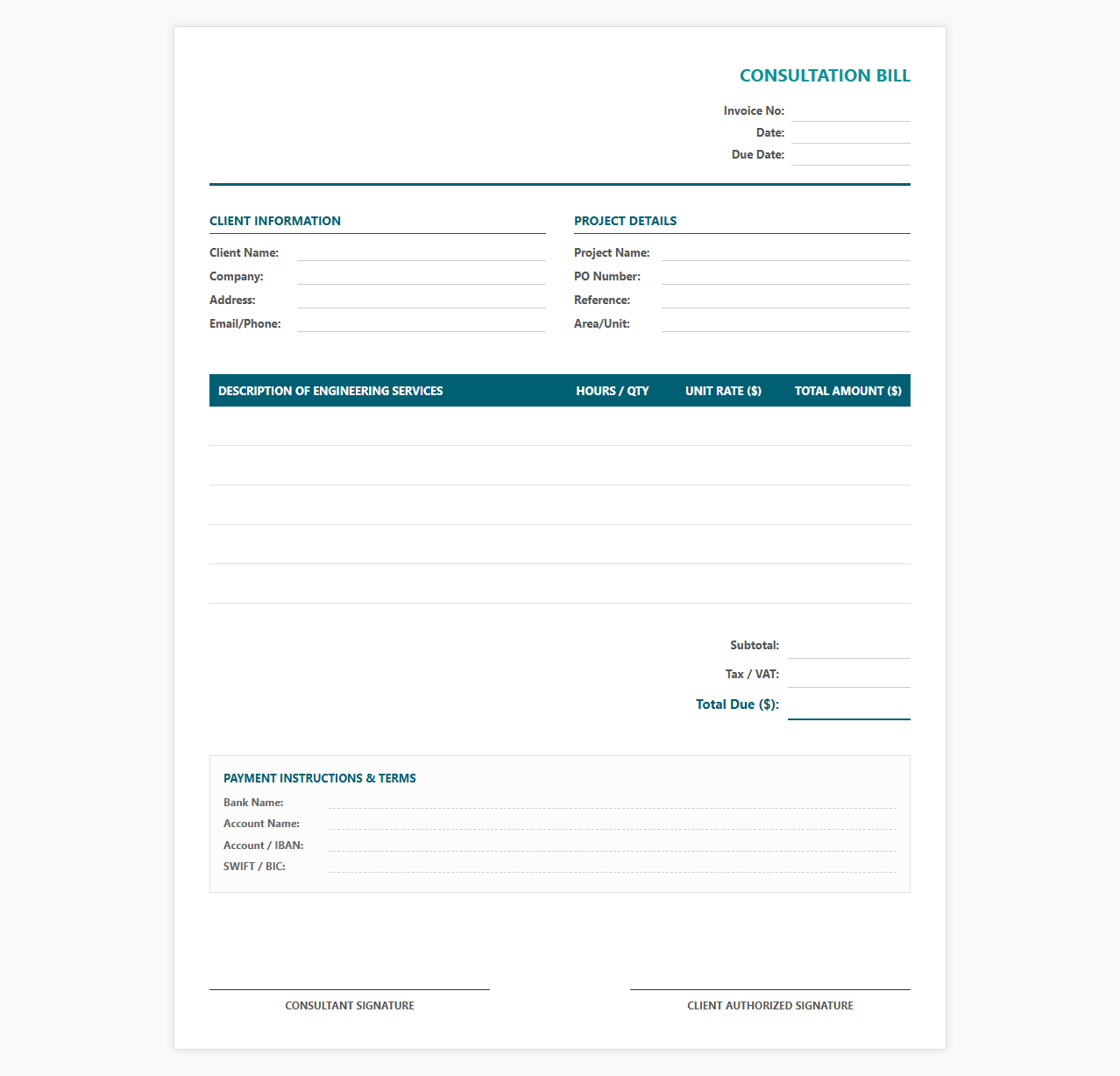 Chemical Engineering Consultation Bill Form