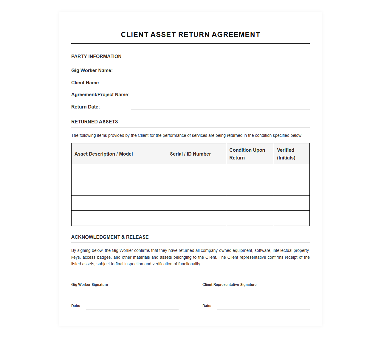 Client Asset Return Agreement for Gig Workers