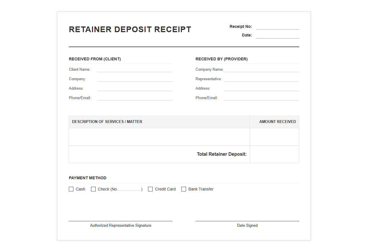 Client Retainer Deposit Receipt Document