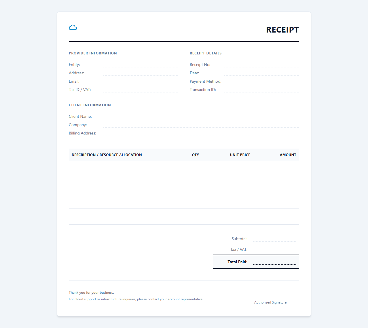 Cloud Hosting and IT Infrastructure Receipt