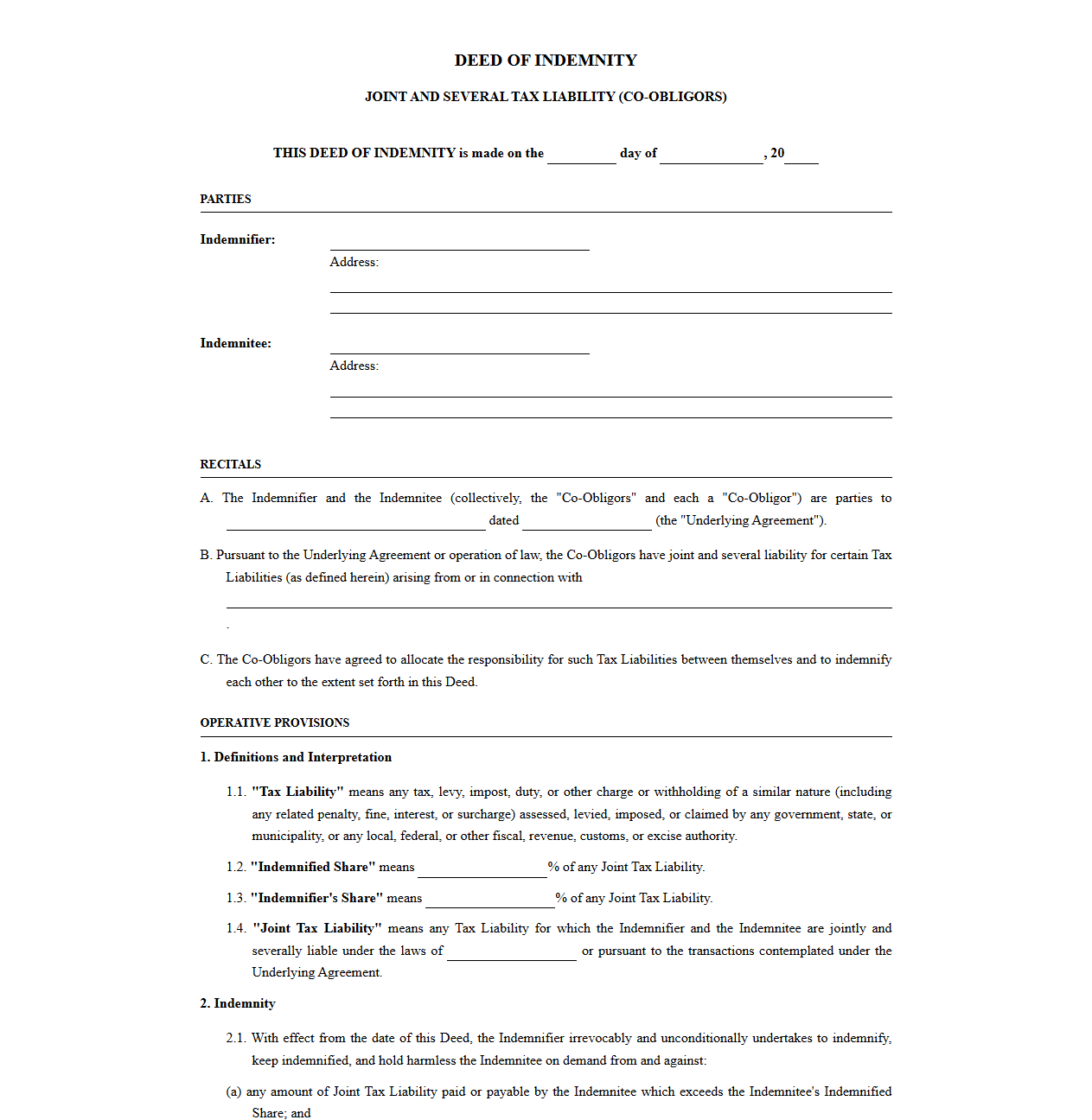 Co-Obligor Tax Liability Indemnity Deed