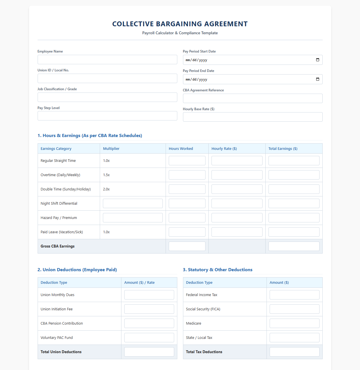 Collective Bargaining Agreement Payroll Calculator