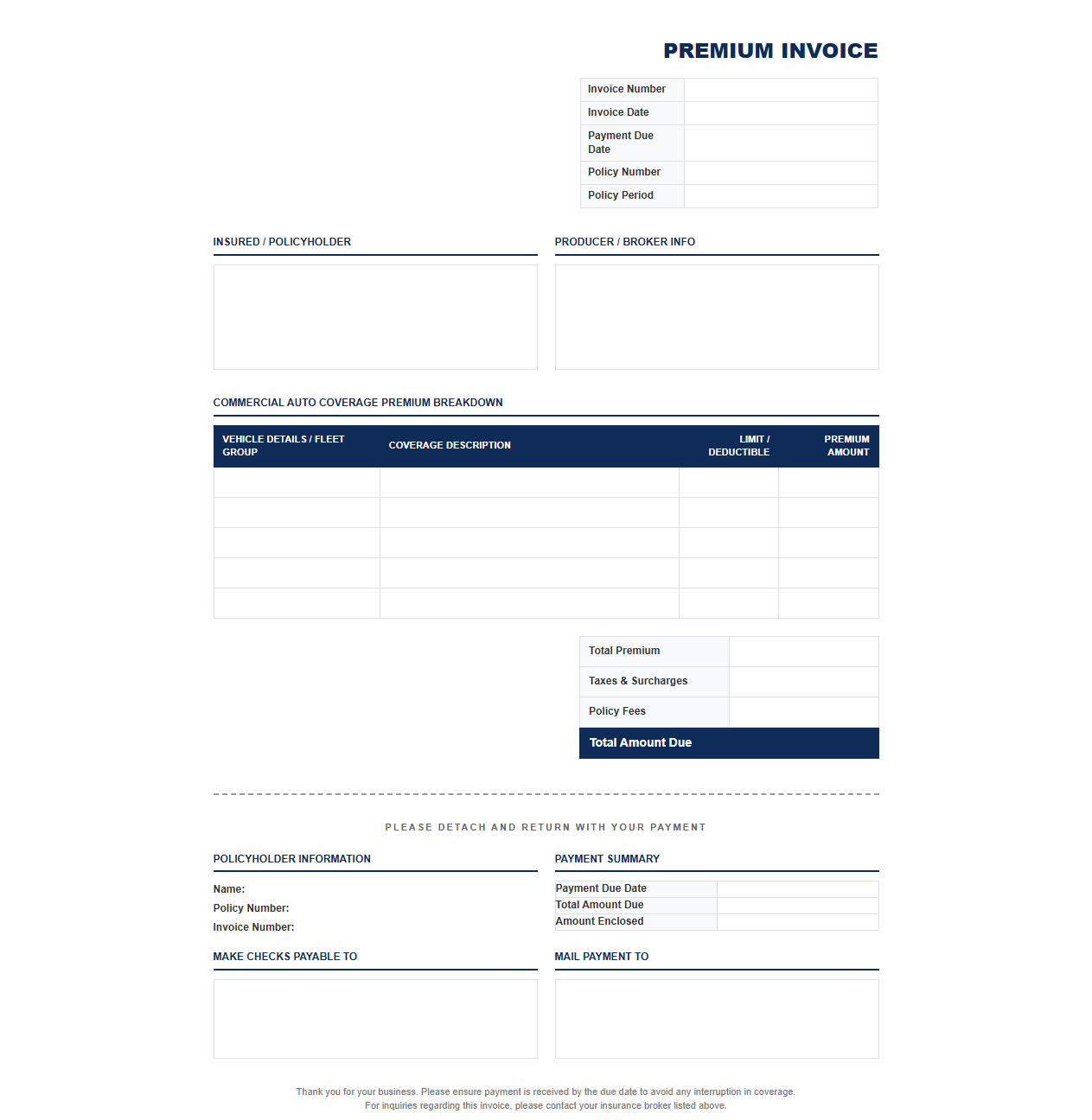 Commercial Auto Insurance Premium Invoice