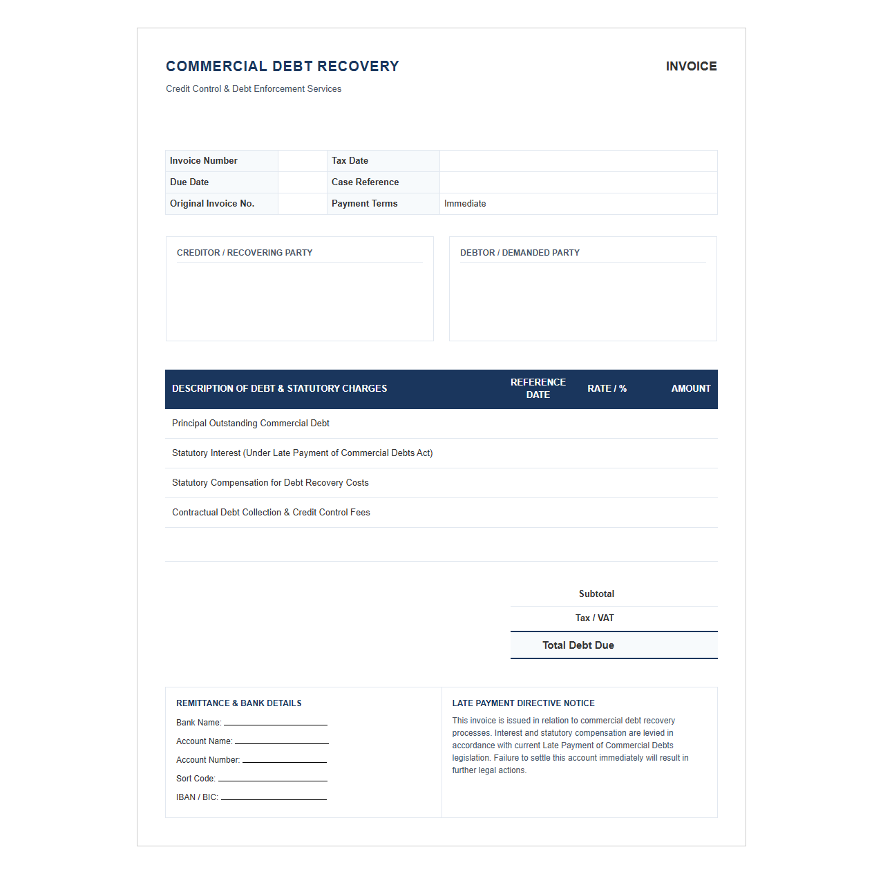 Commercial Debt Recovery Credit Control Invoice