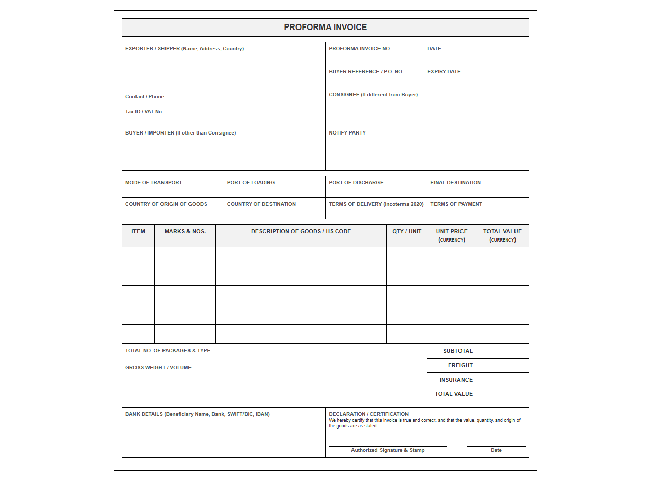Commercial Export Proforma Invoice Template