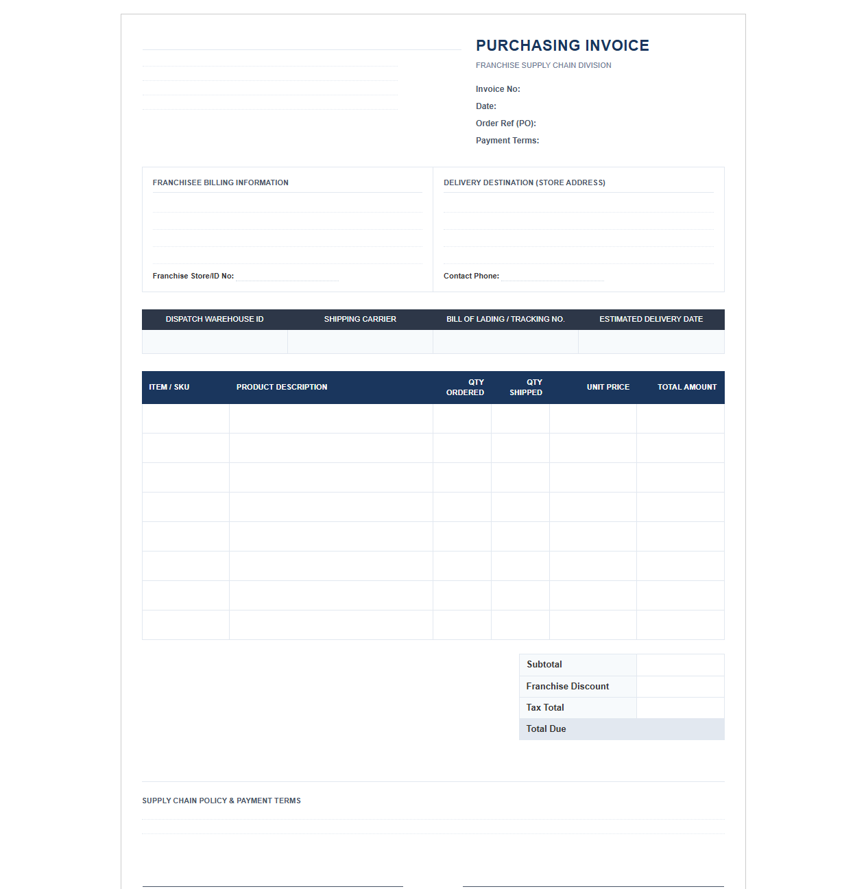 Commercial Franchise Supply Chain Purchasing Invoice