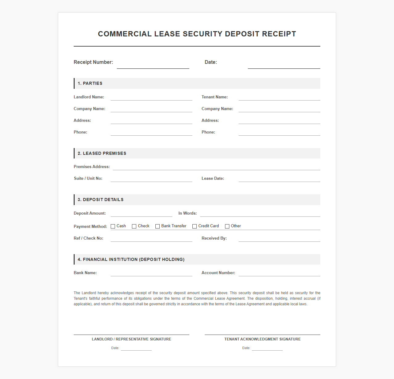Commercial Lease Security Deposit Receipt