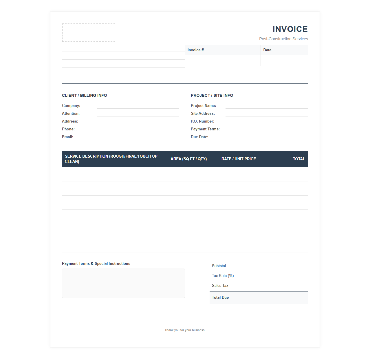 Commercial Post-Construction Cleaning Invoice