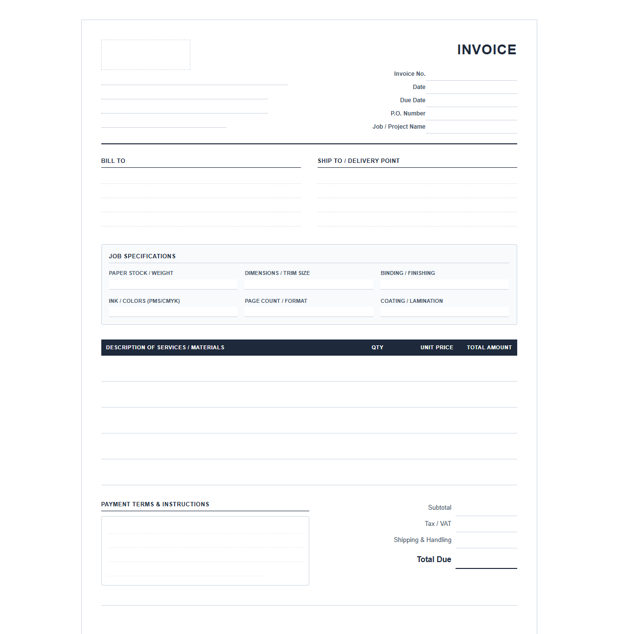 Commercial Printing and Publishing Invoice Template