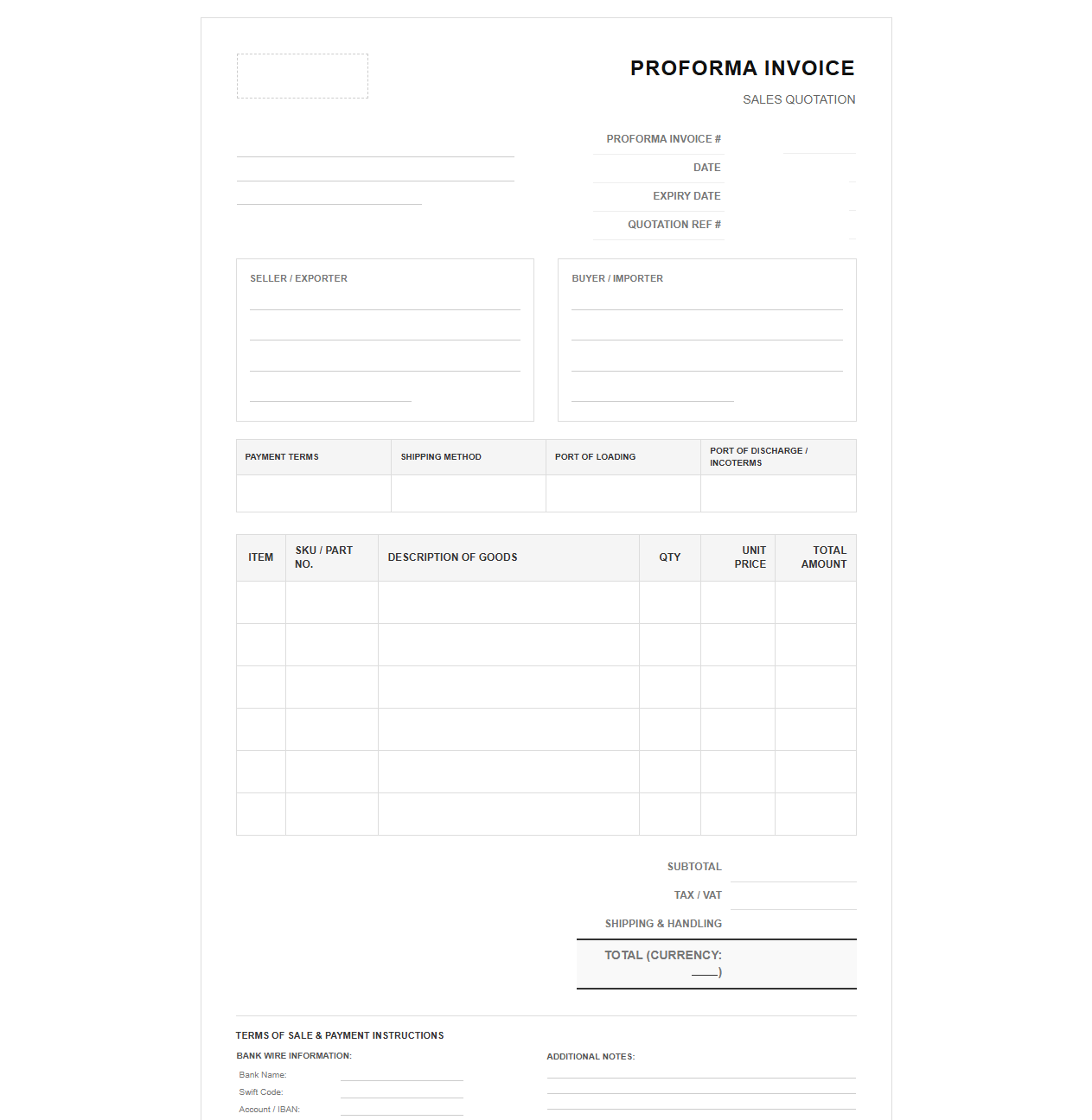 Commercial Proforma Invoice for Sales Quotations