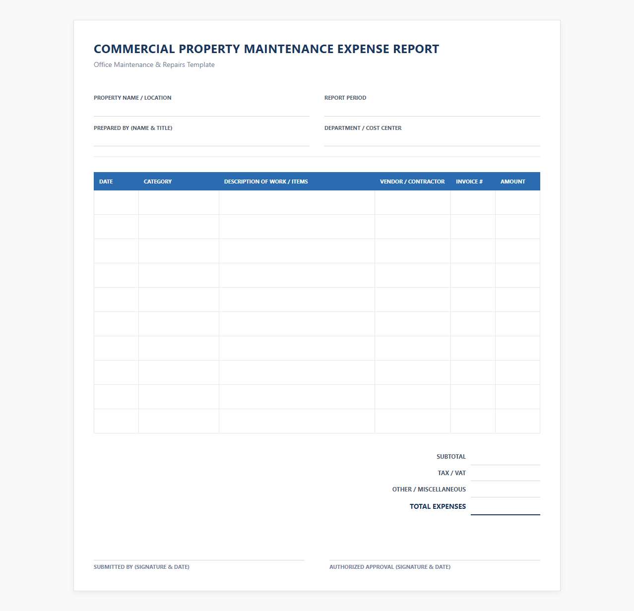 Commercial Property Maintenance Expense Report