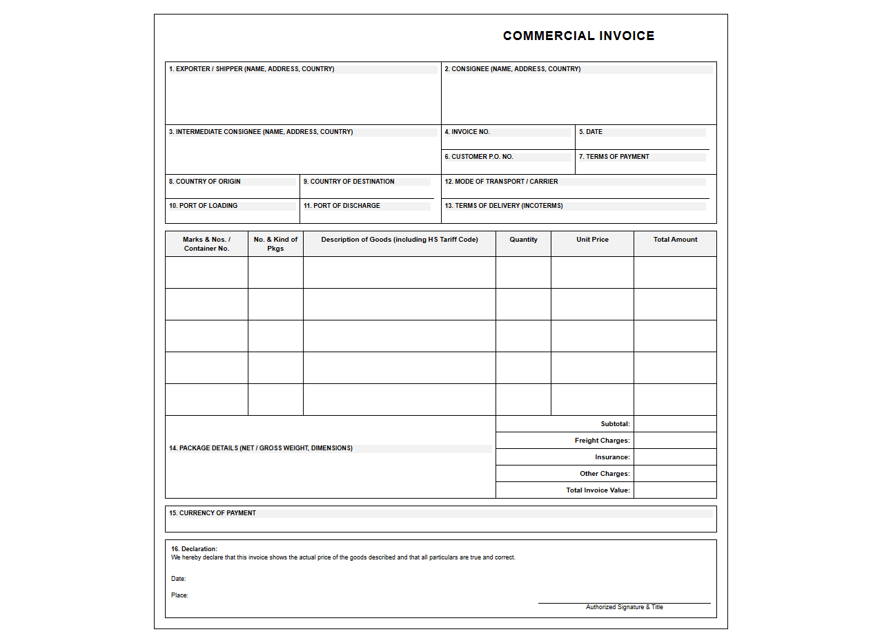 Commercial Shipping and Export Invoice Document