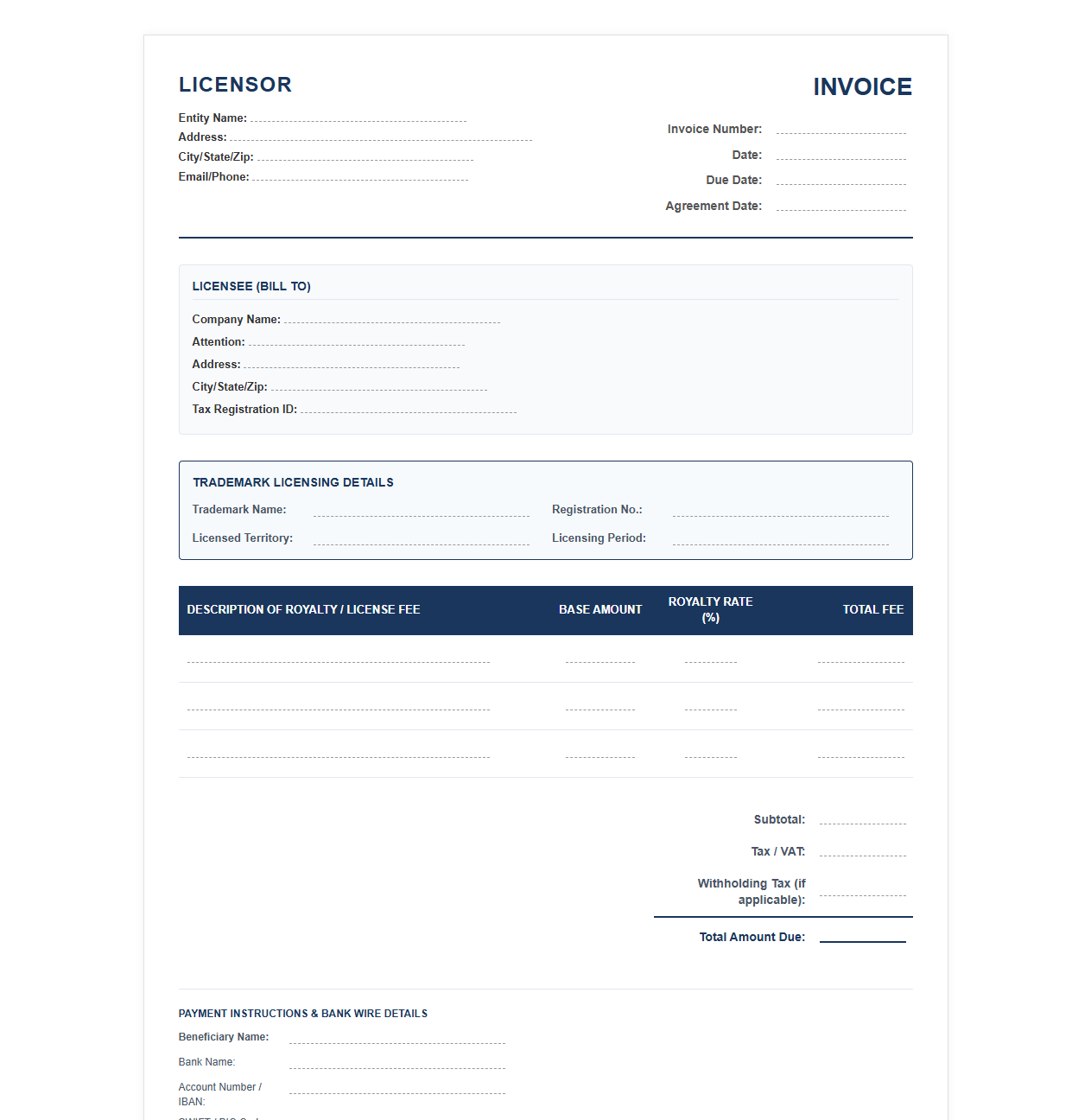 Commercial Trademark Licensing Fee Invoice