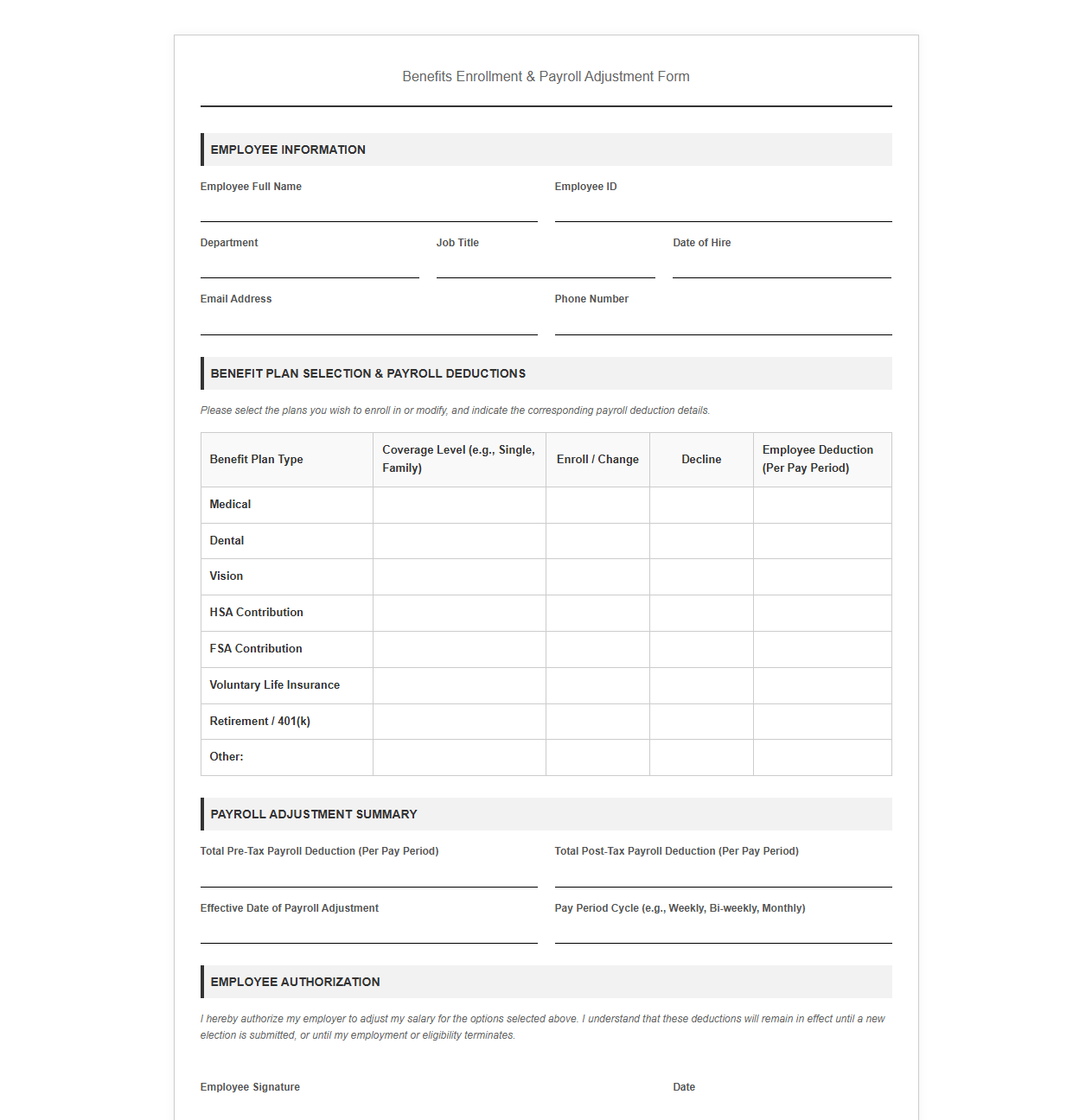 Company Benefits Enrollment Payroll Adjustment Form