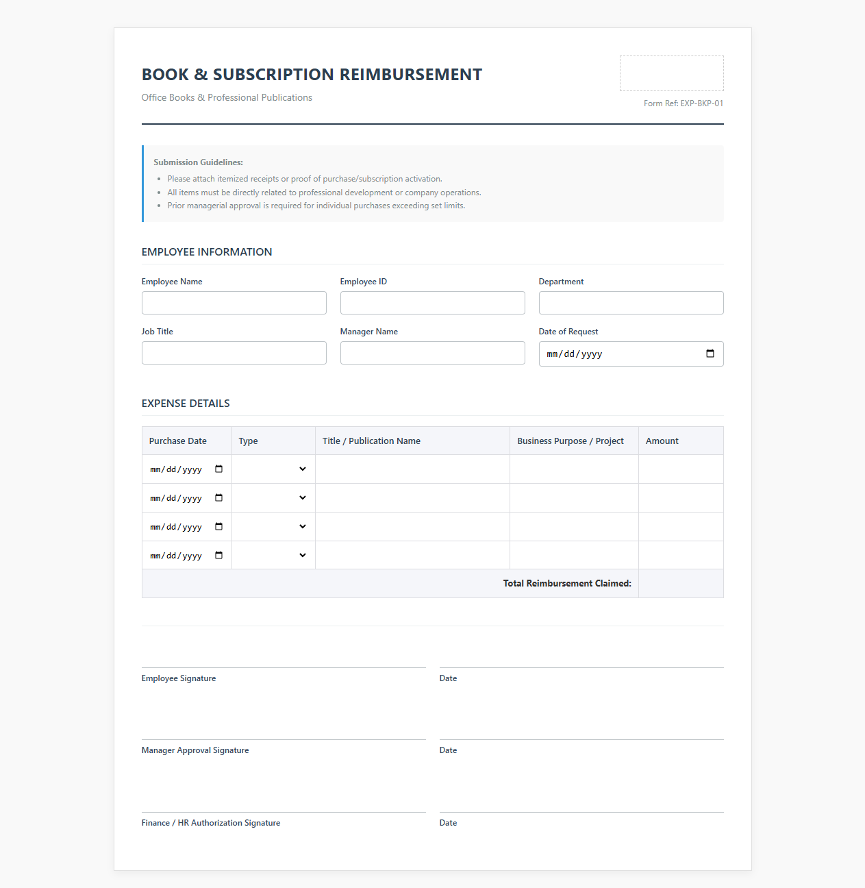 Company Book and Subscription Reimbursement Form