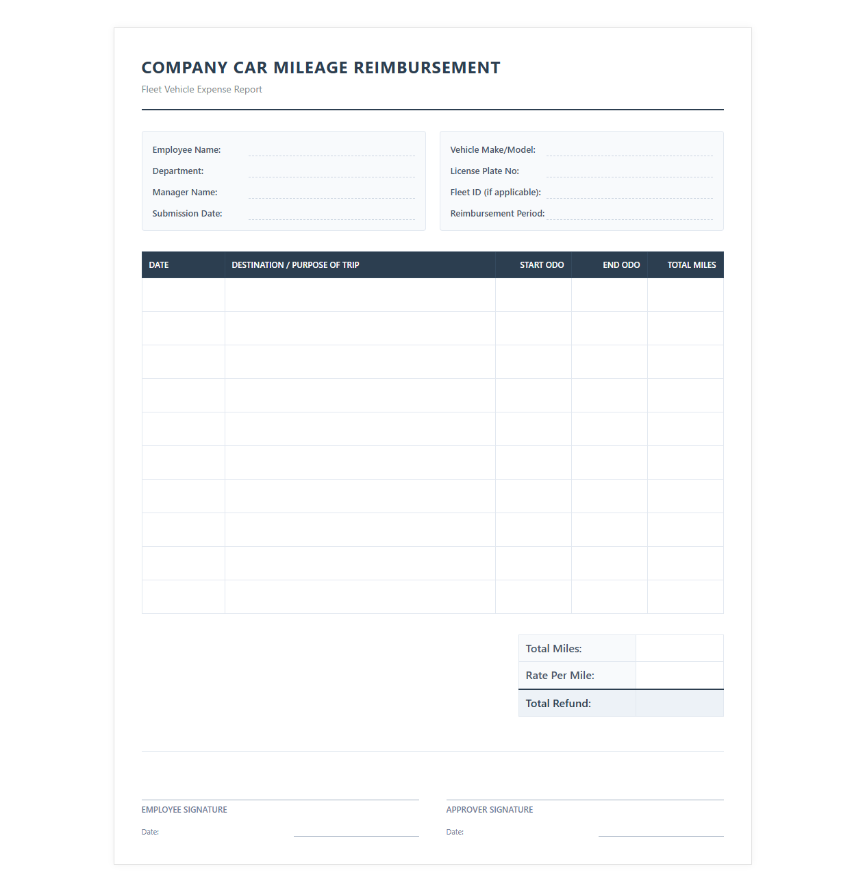 Company Car Mileage Reimbursement Template