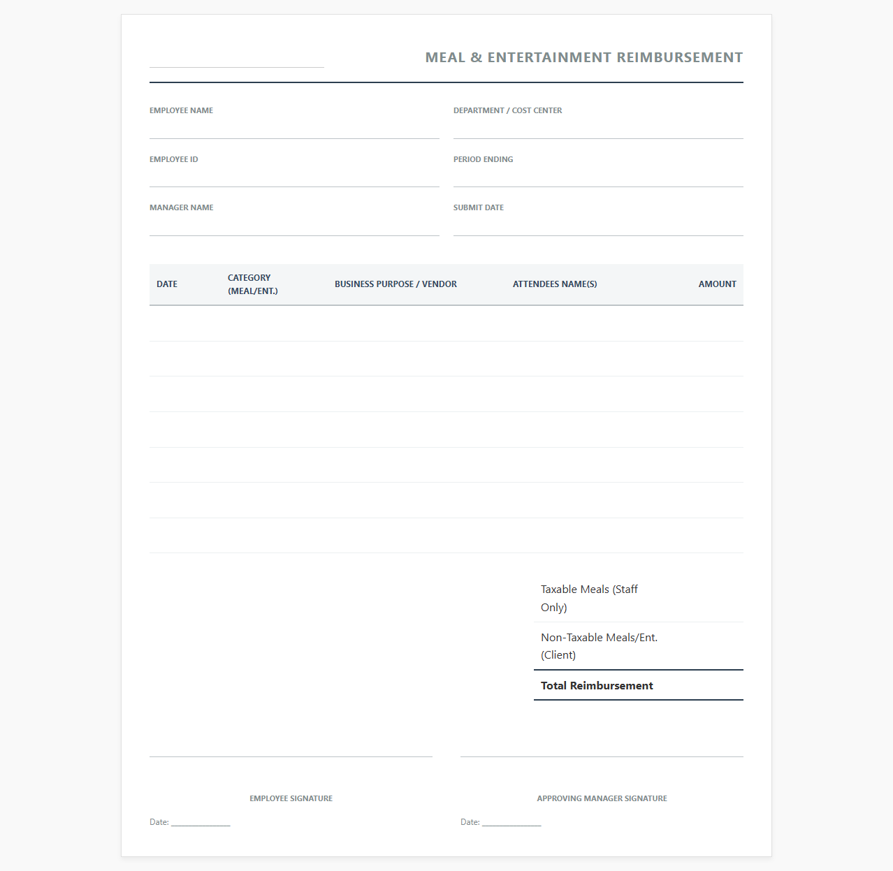 Company Food and Entertainment Reimbursement Template