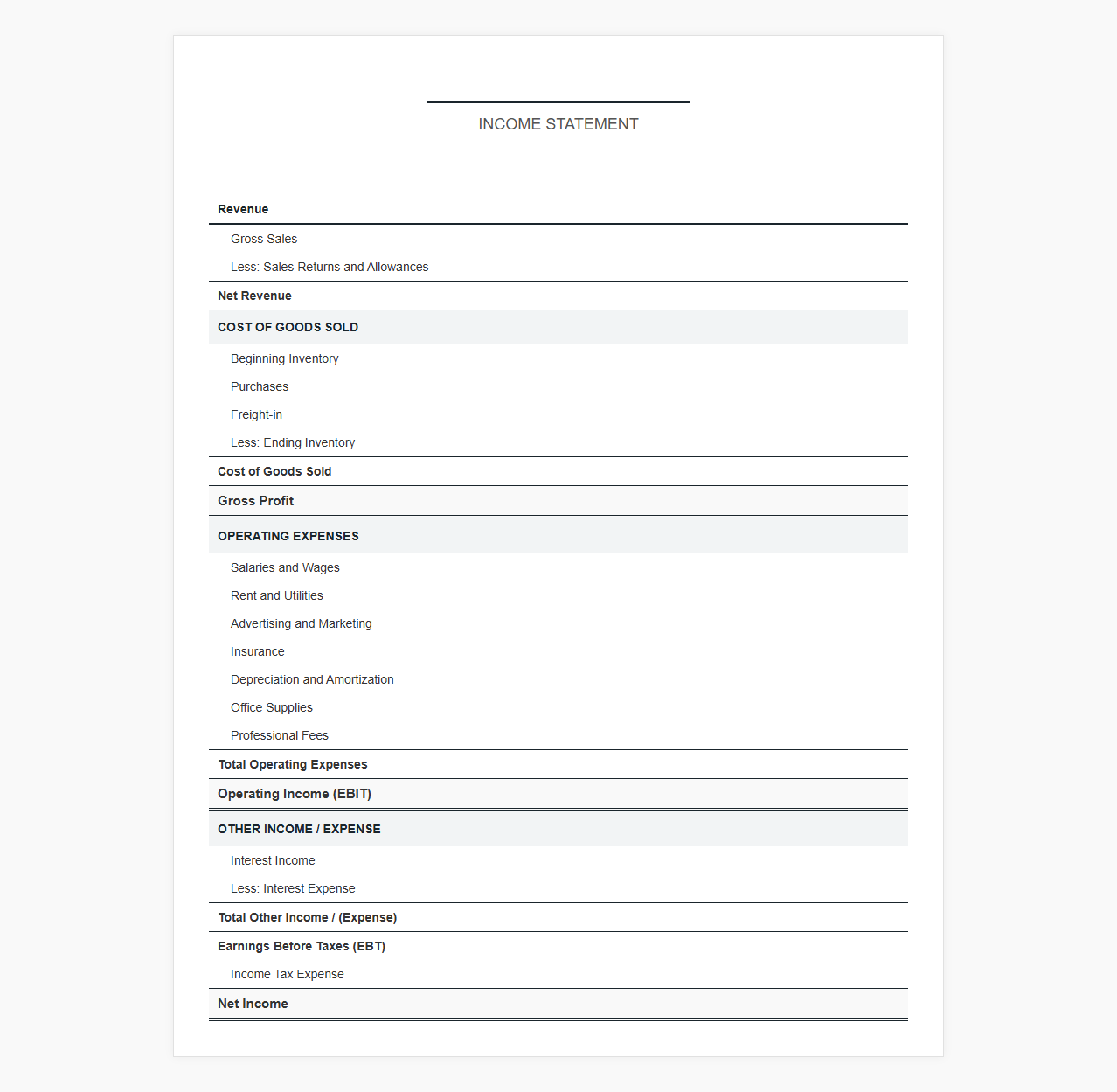 Company Income Statement Template