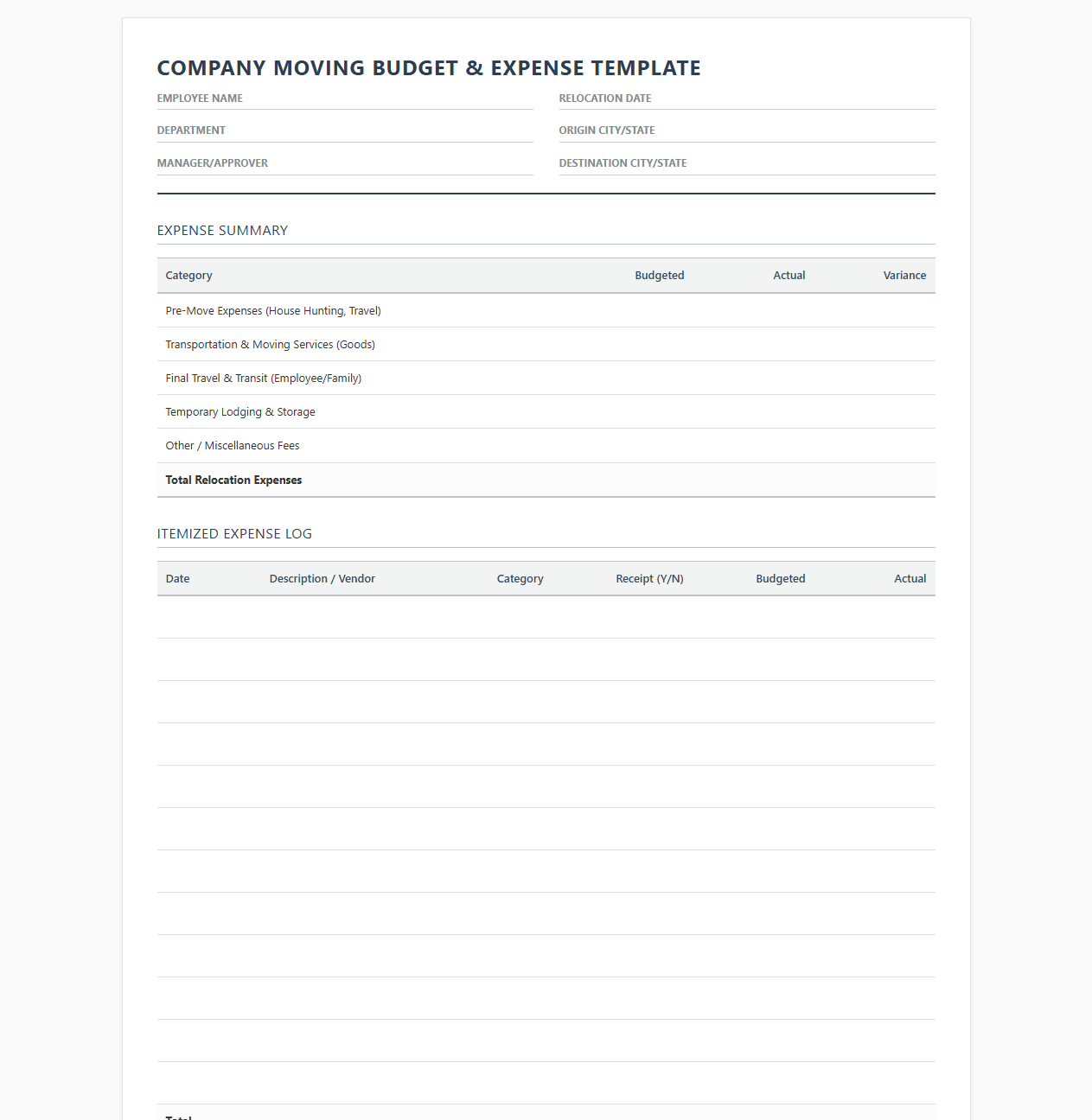 Company Moving Budget and Expense Template