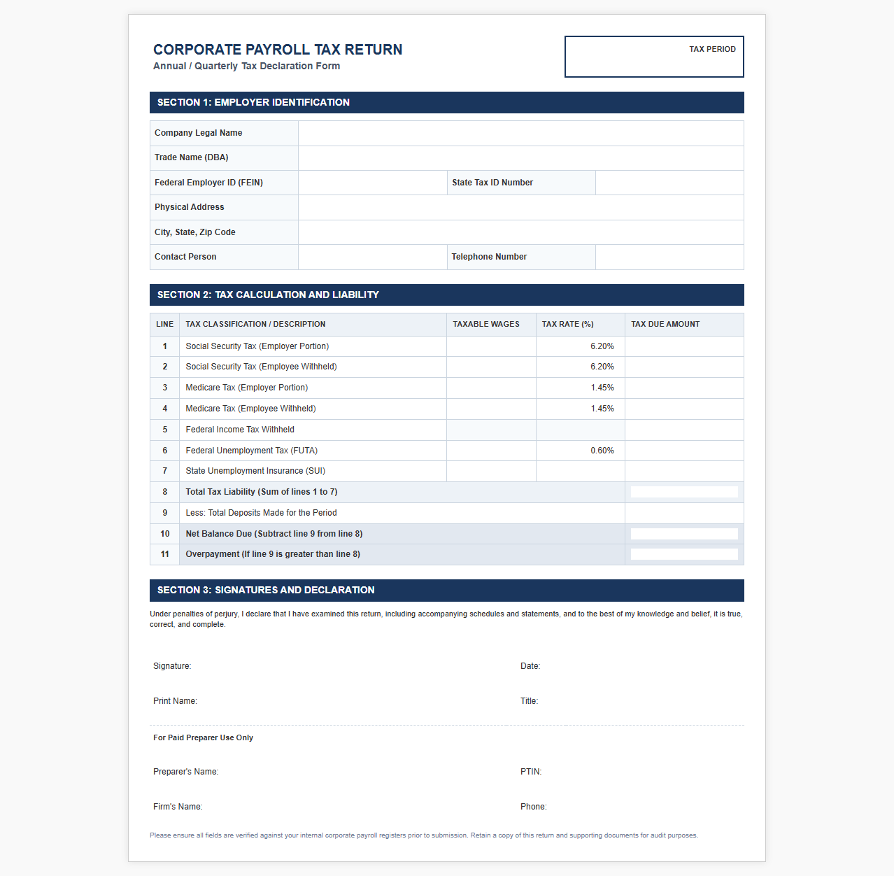 Company Payroll Tax Return Template