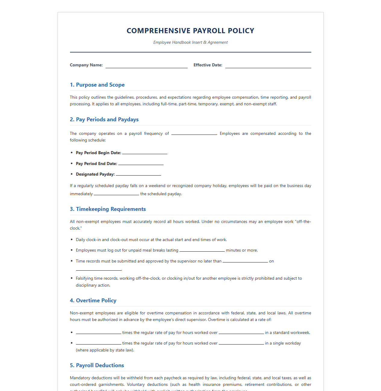Comprehensive Payroll Handbook Insert and Employee Agreement