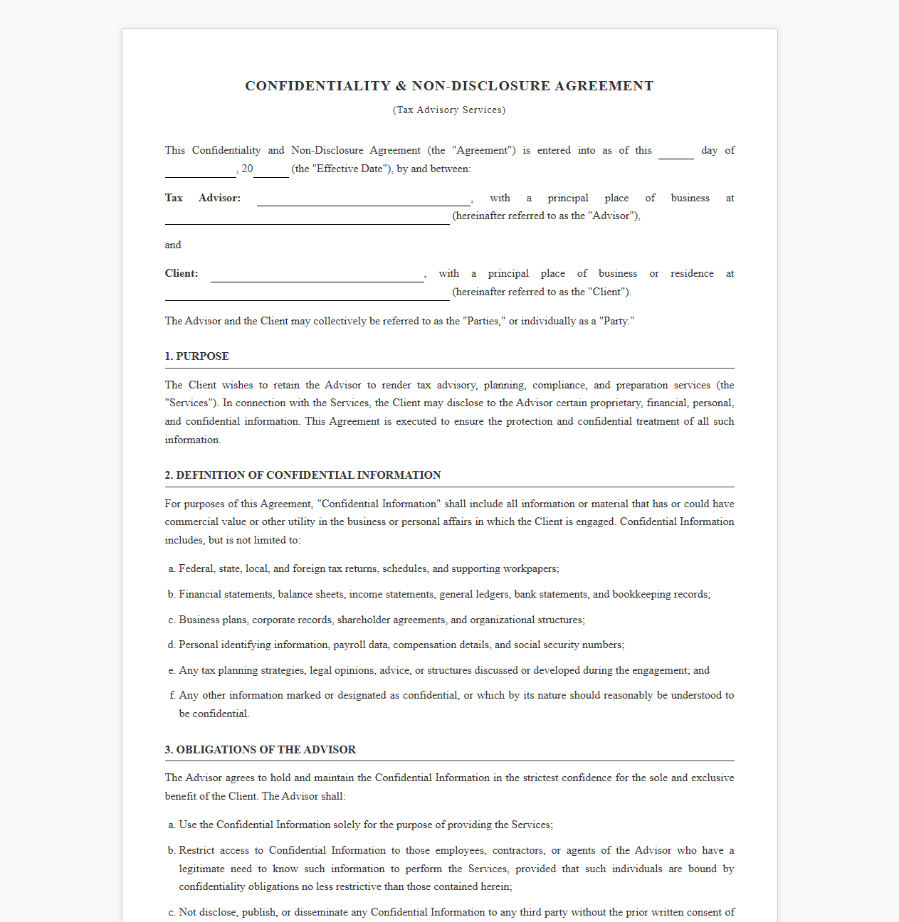 Confidentiality Agreement for Tax Advisory Services