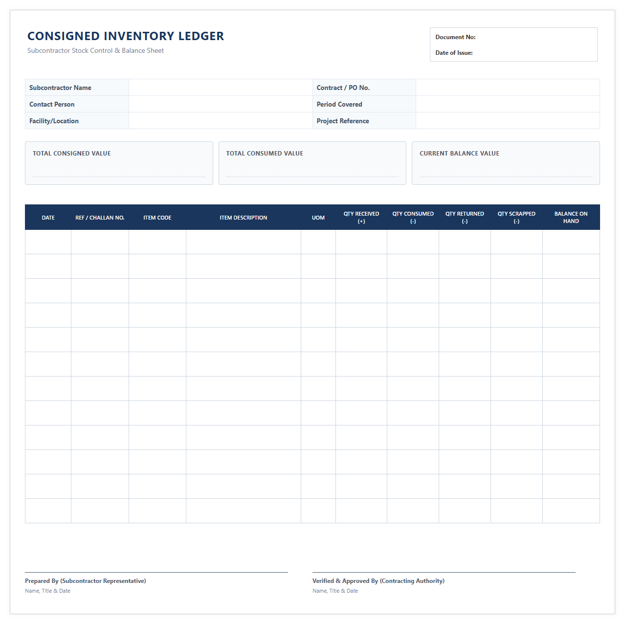 Consigned Inventory Ledger for Subcontractors