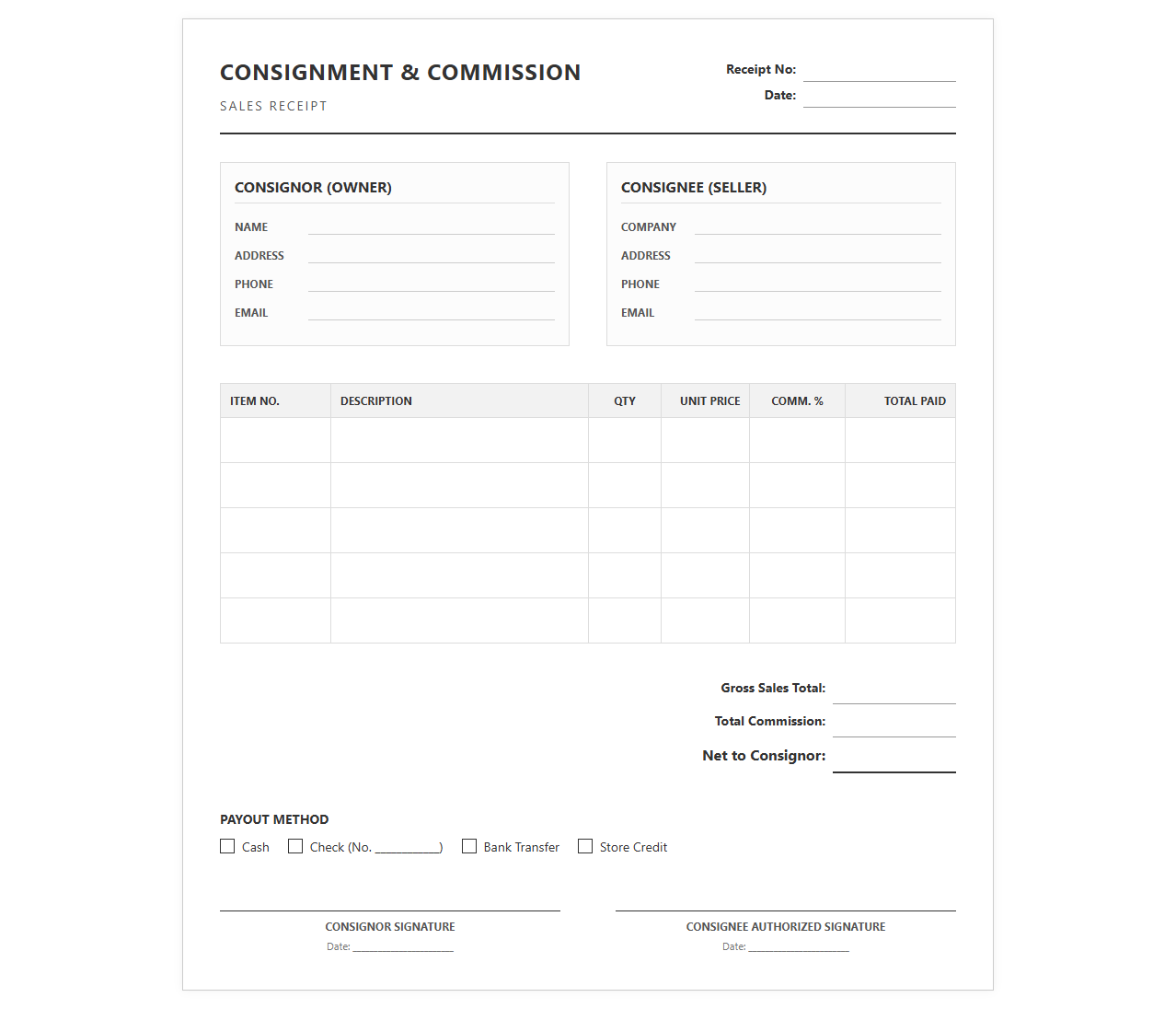 Consignment and Commission Sales Receipt Template