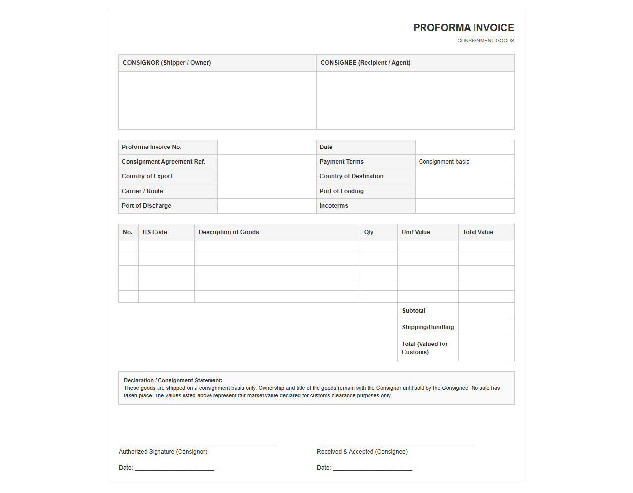 Consignment Goods Proforma Invoice Template