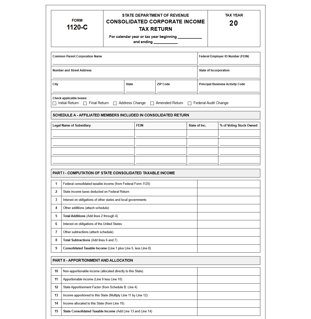 Consolidated Corporate State Income Tax Return Template