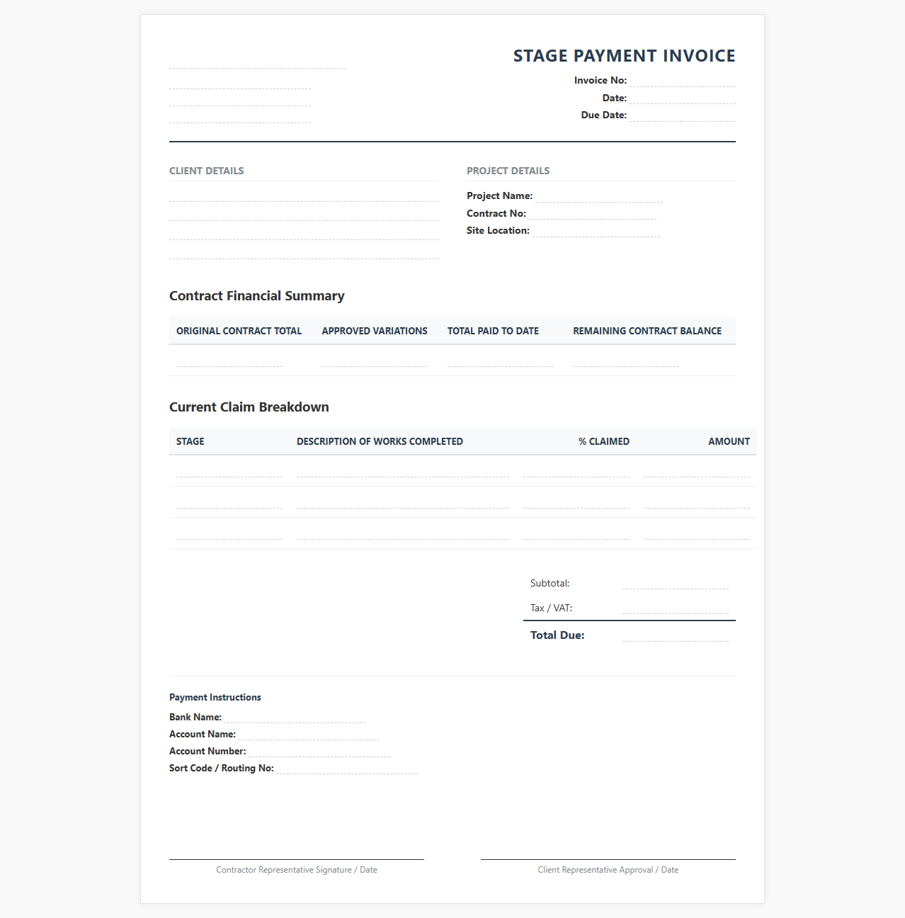 Construction Stage Payment Invoice Template