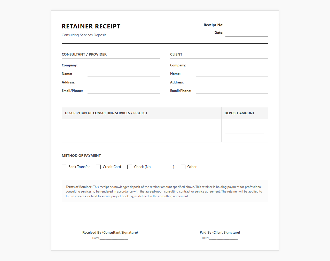 Consulting Retainer Deposit Receipt