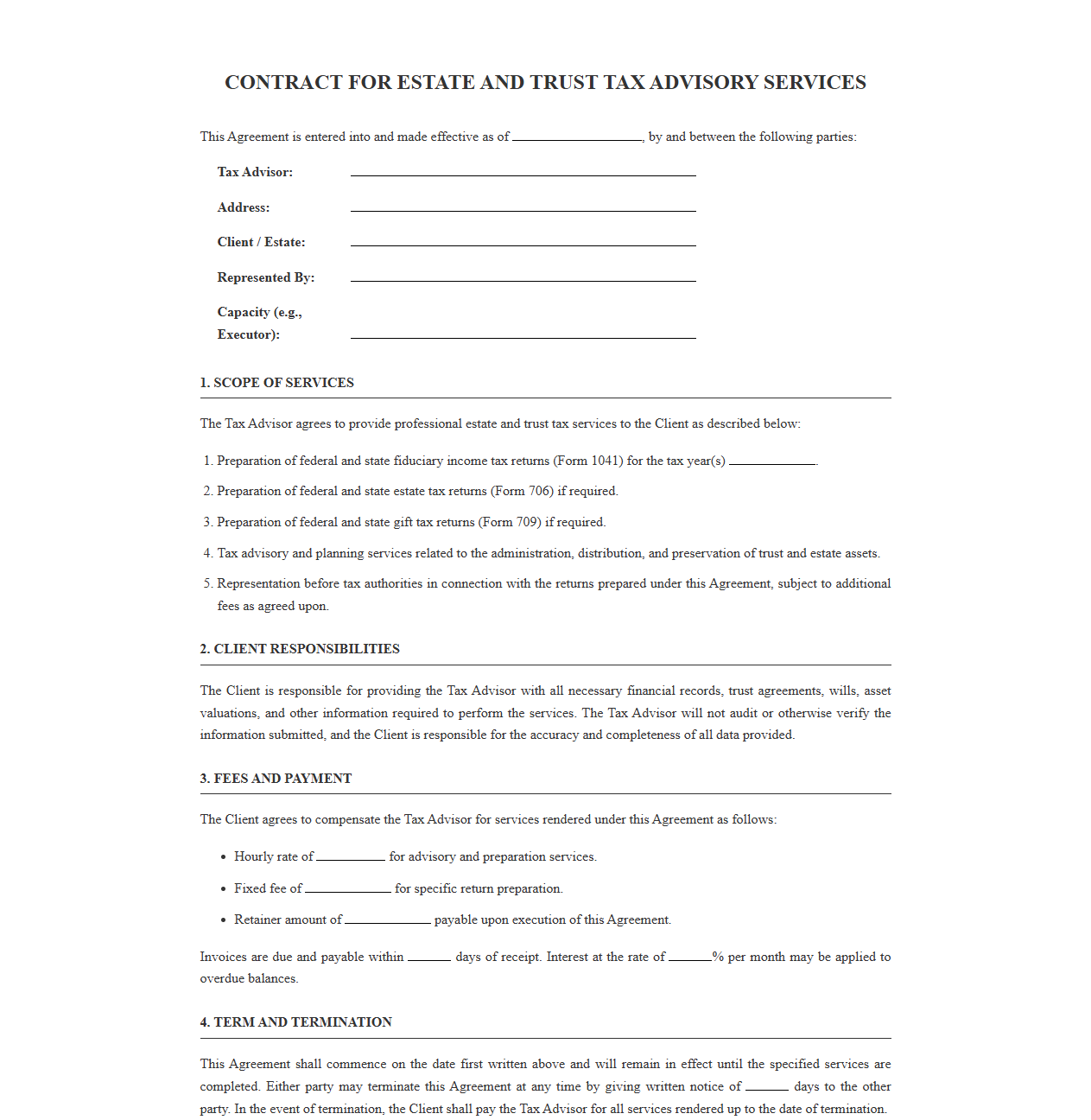 Contract for Estate and Trust Tax Advisory Services