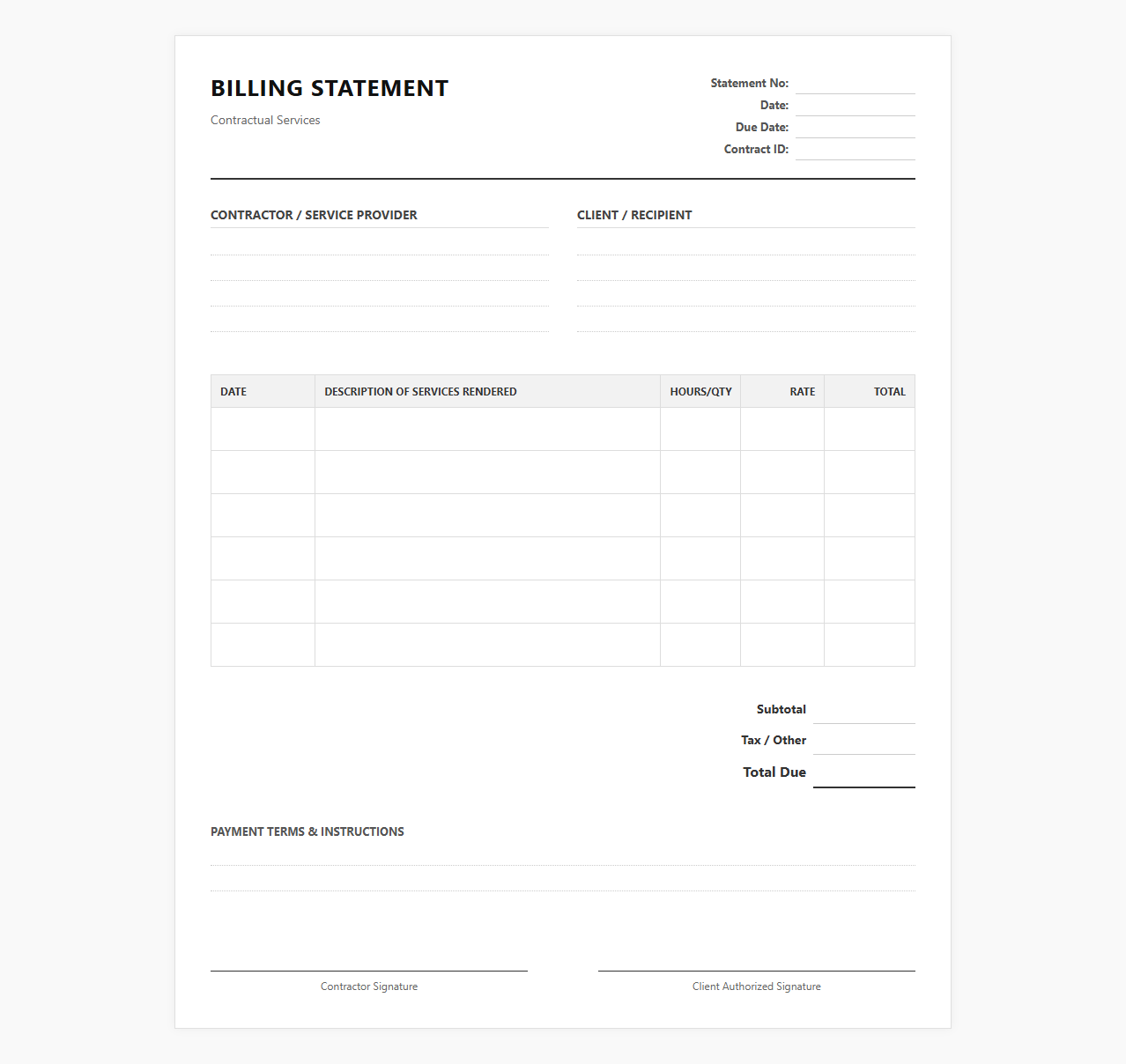 Contract Work Billing Statement Form