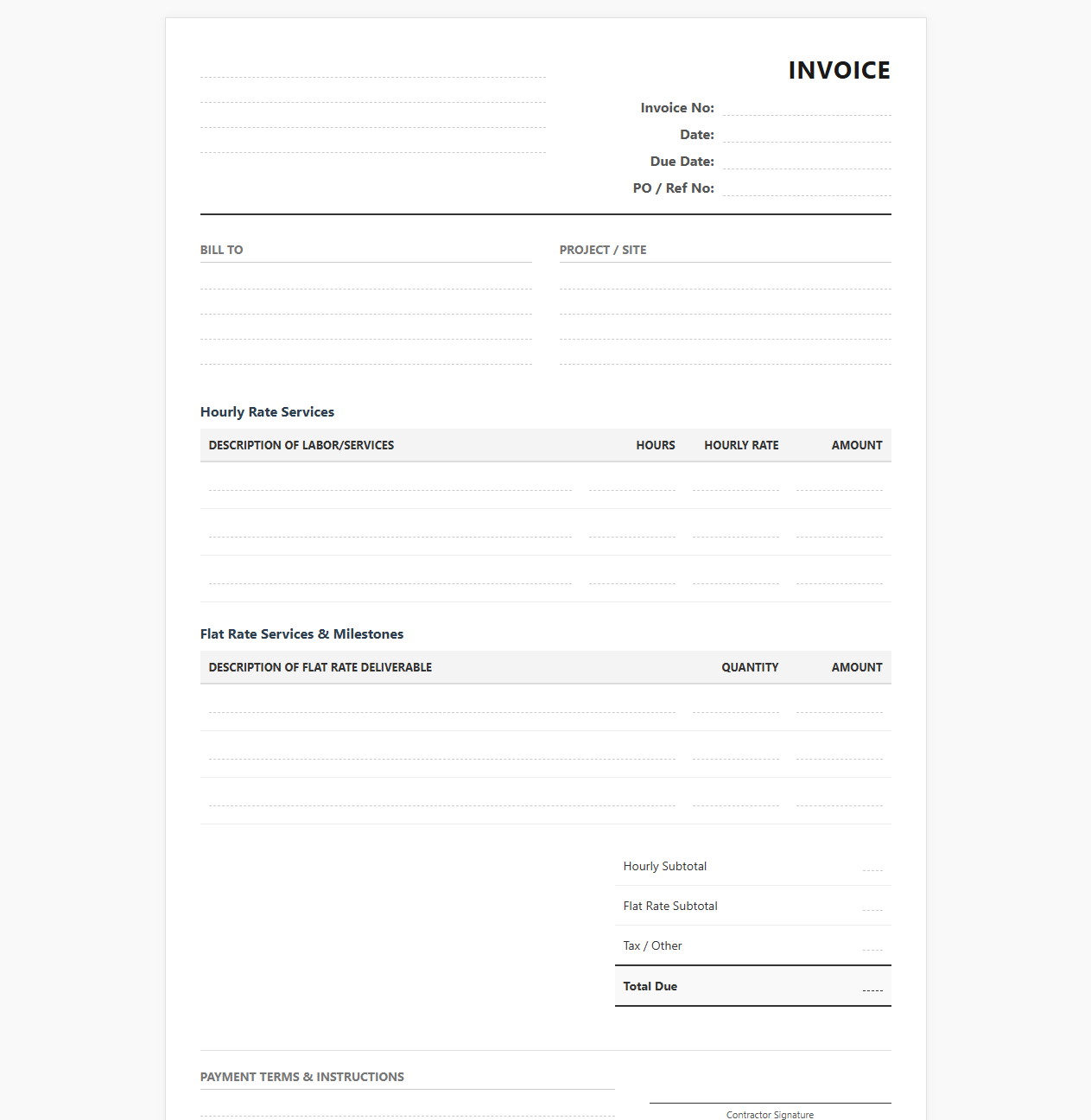 Contractor Hourly and Flat Rate Invoice
