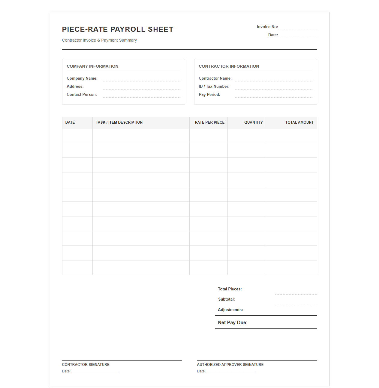 Contractor Piece-Rate Invoice and Payroll Sheet