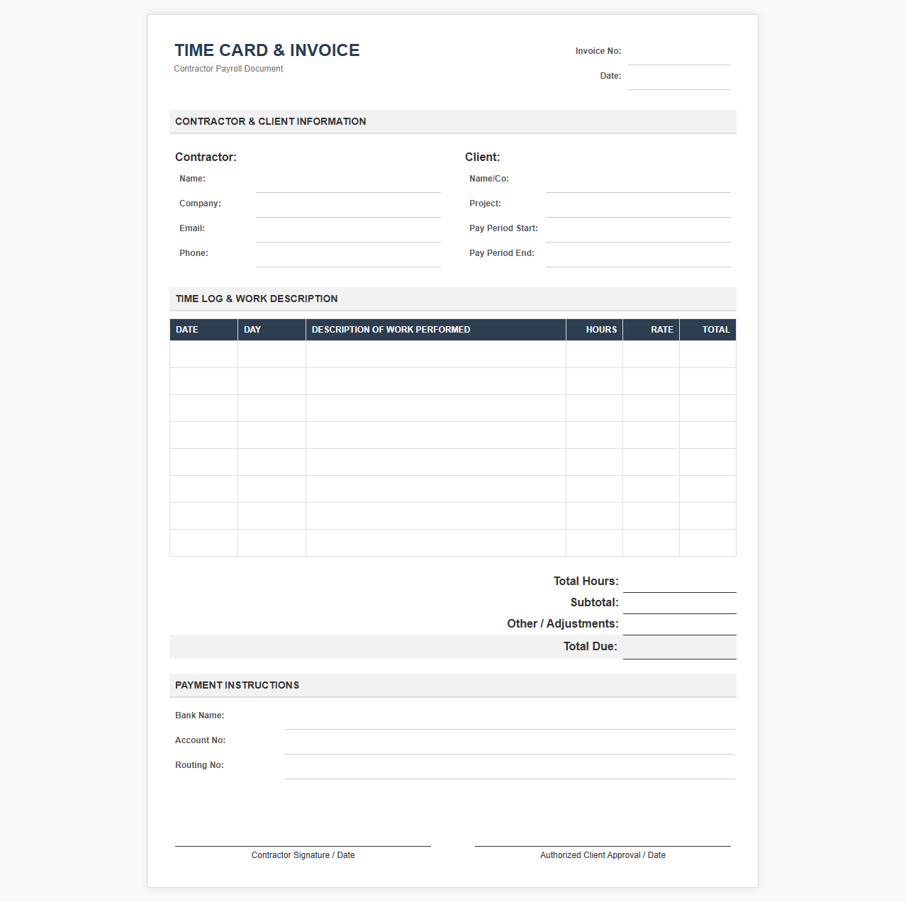 Contractor Time Card and Payroll Invoice Template