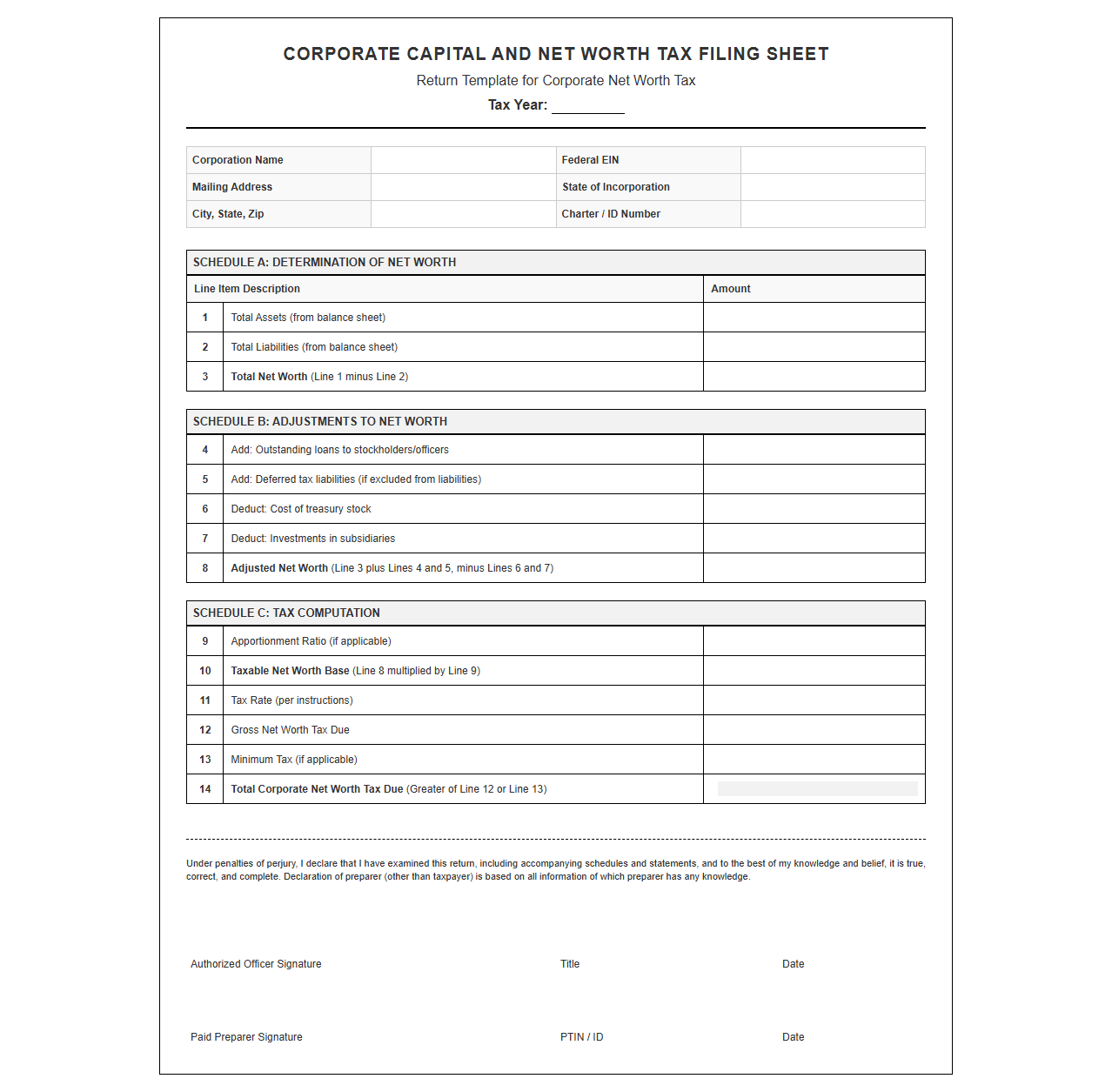 Corporate Capital and Net Worth Tax Filing Sheet