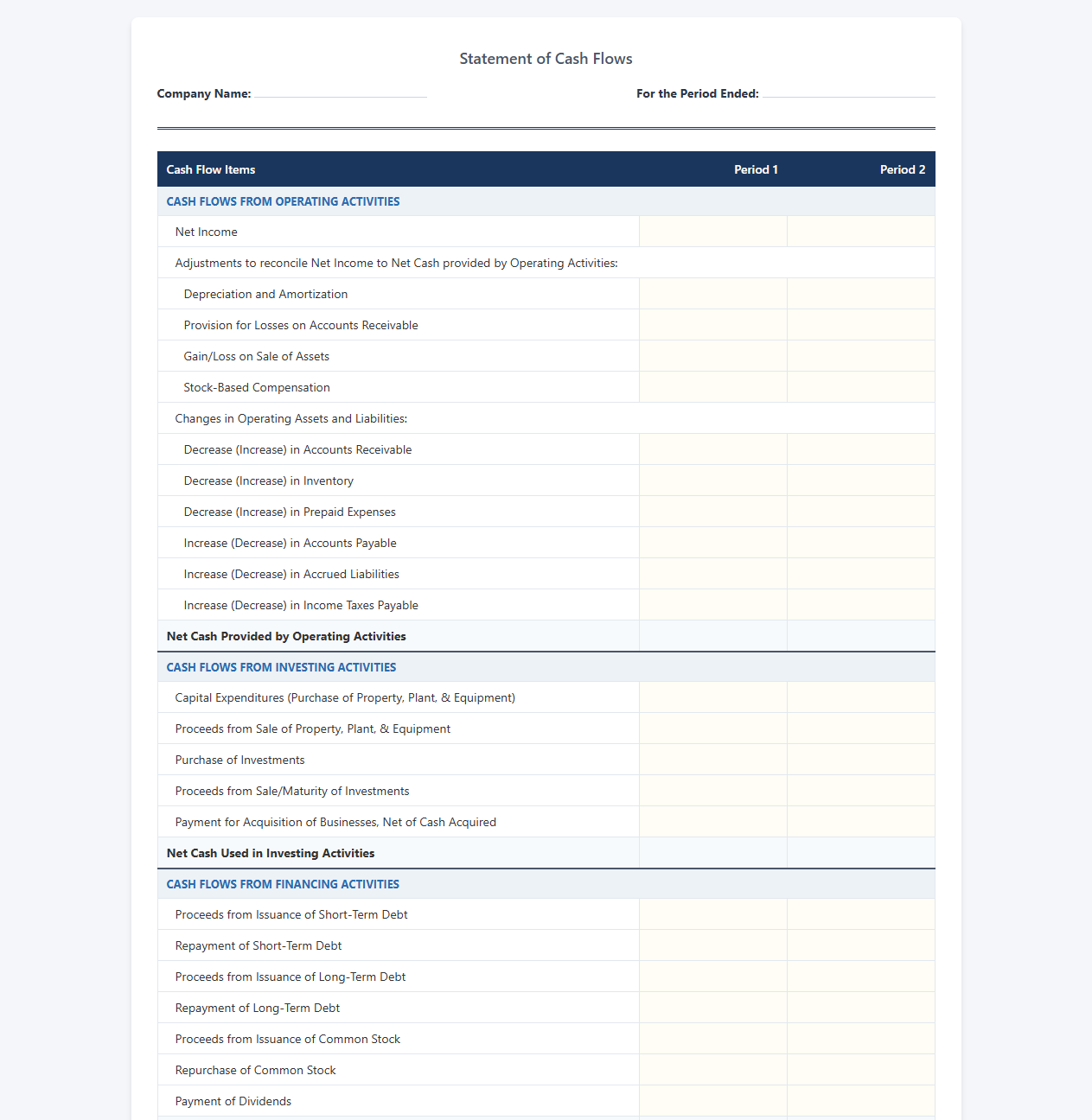 Corporate Cash Flow Statement Spreadsheet Template