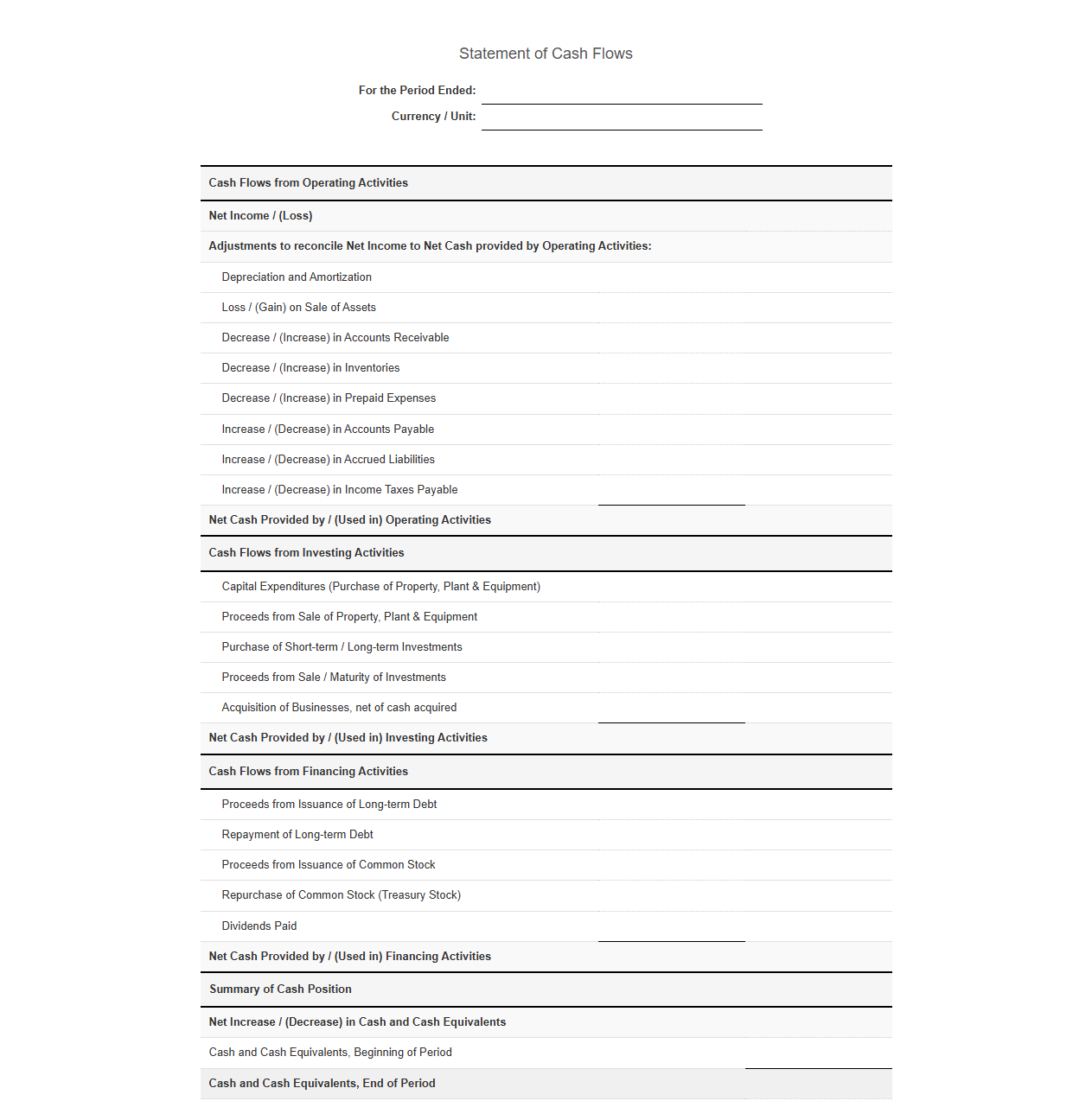 Corporate Cash Flow Statement Template