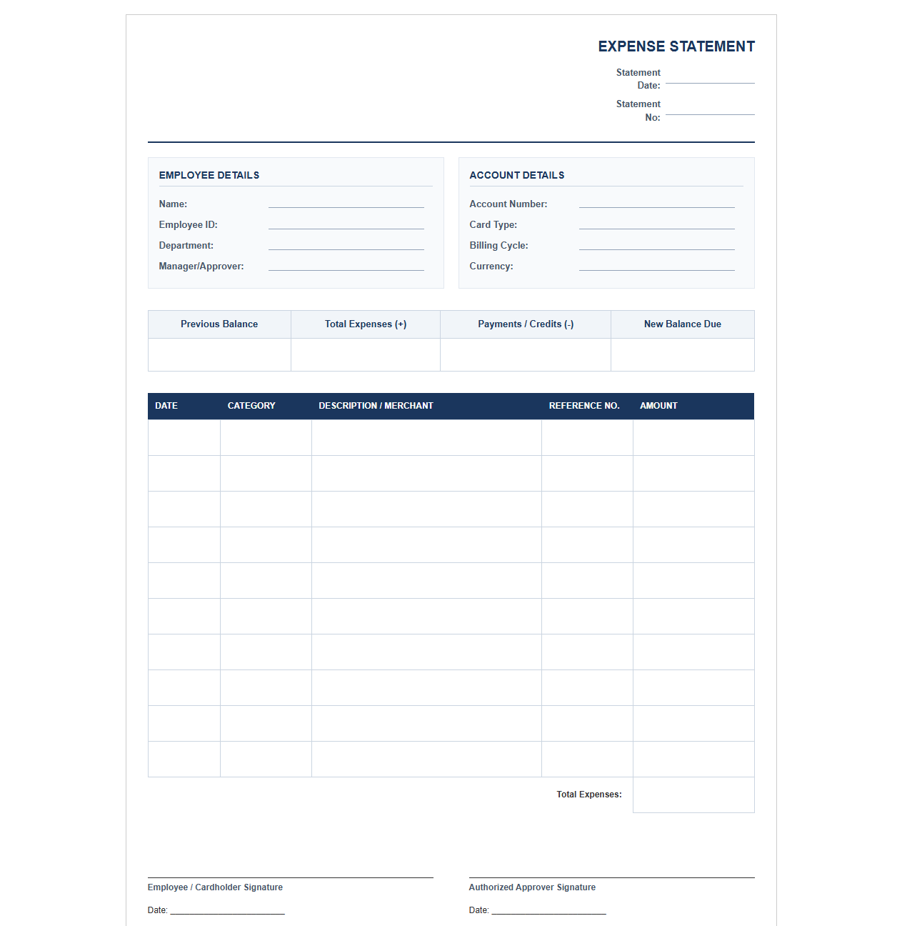 Corporate Expense Account Statement Format