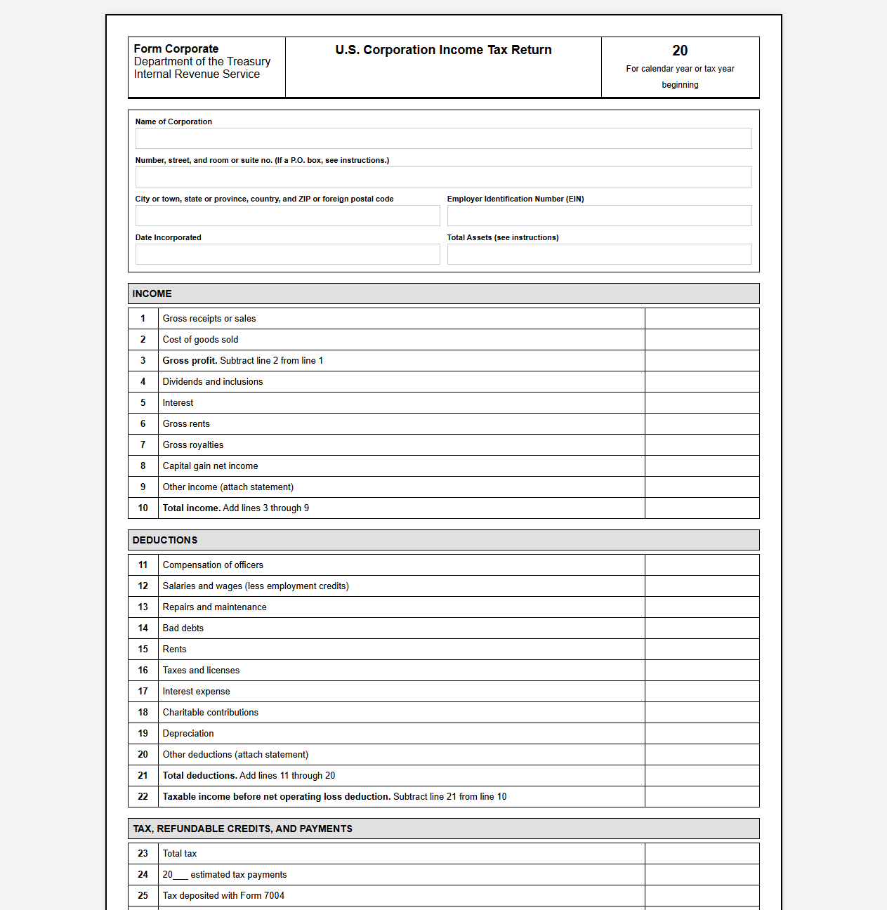 Corporate Federal Income Tax Form Template