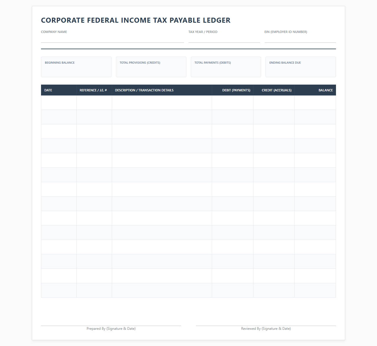 Corporate Federal Income Tax Payable Ledger