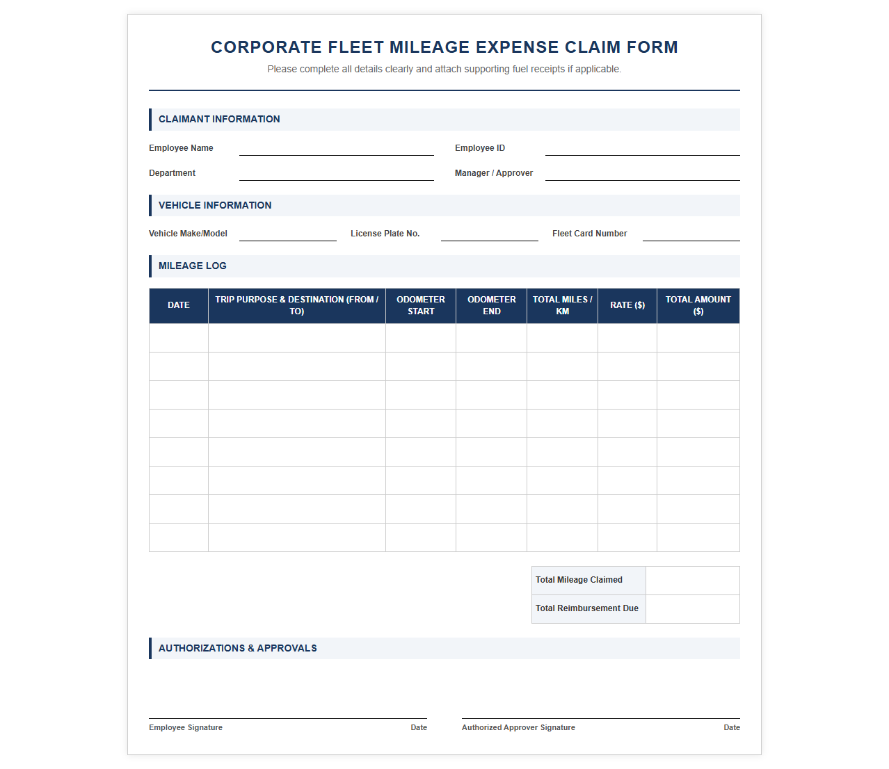 Corporate Fleet Mileage Expense Claim Form