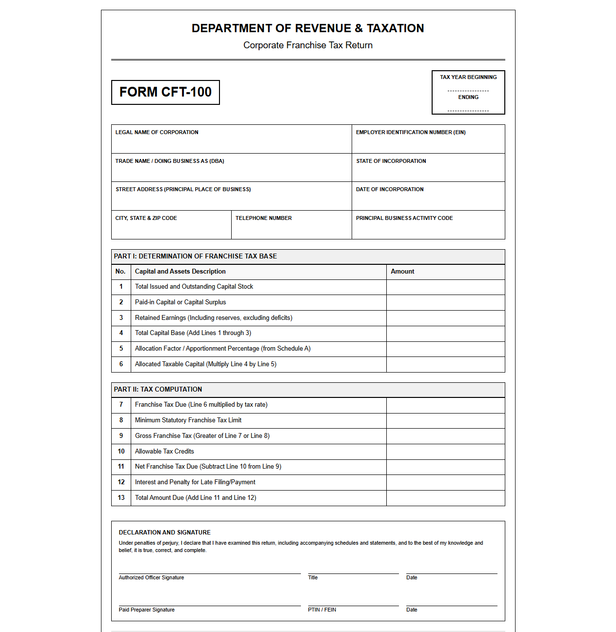 Corporate Franchise Tax Filing Template
