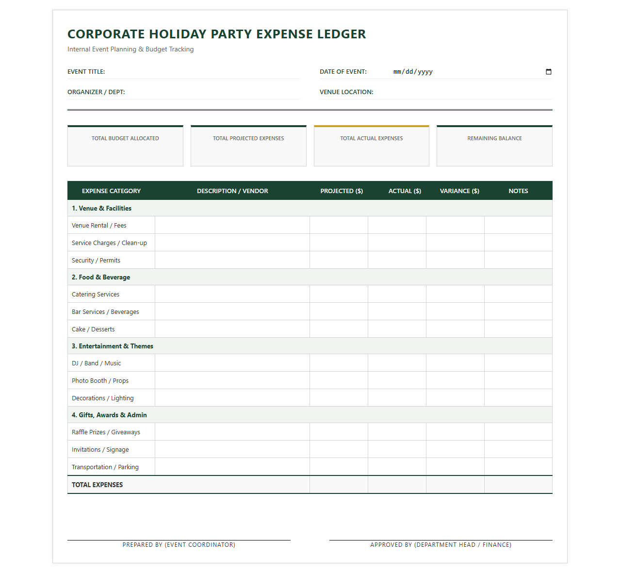 Corporate Holiday Party Expense Ledger