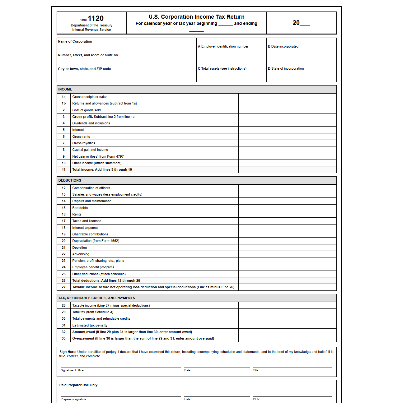 Corporate Income Tax Return Form 1120 Template